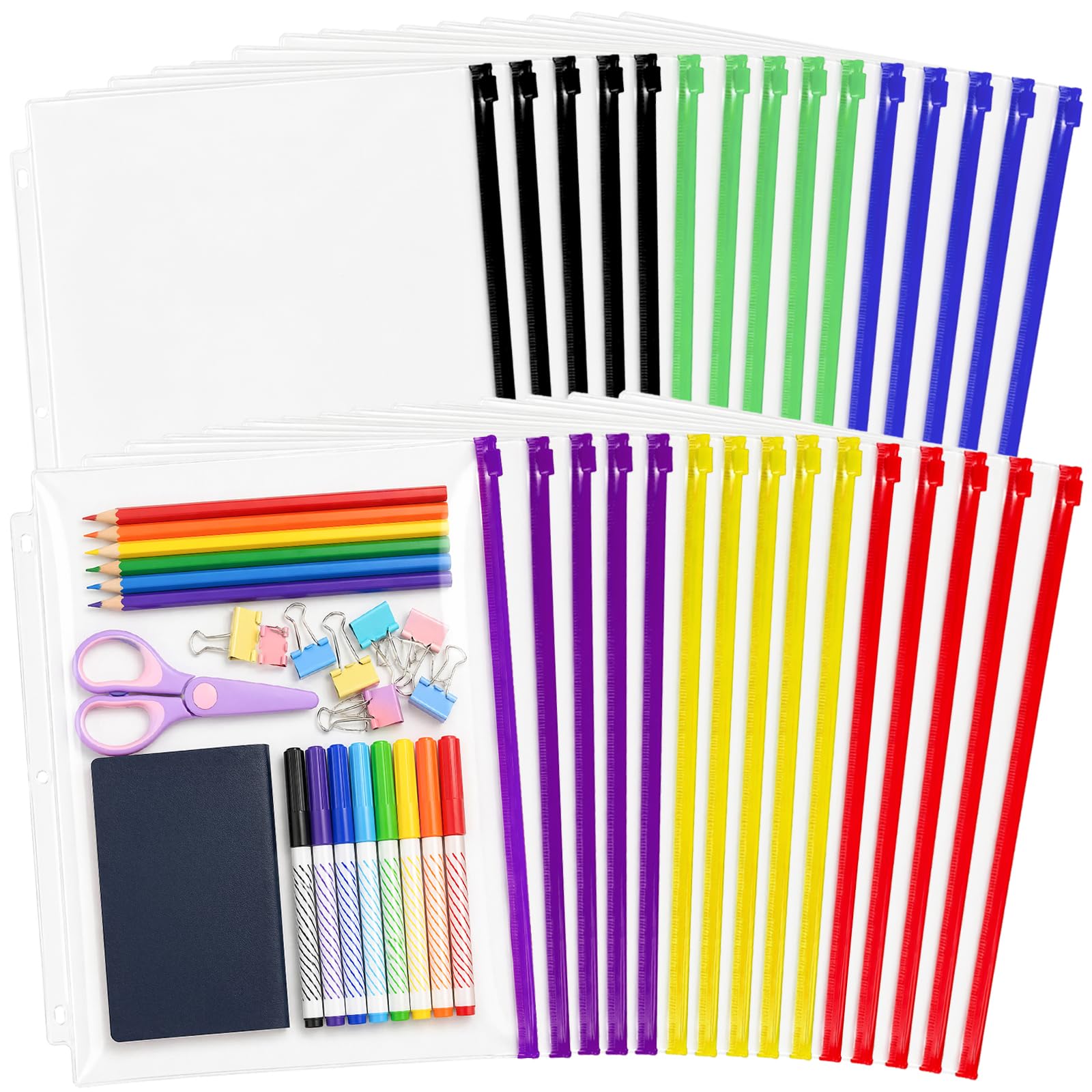 Mezchi 30Pack Zipper Binder Pocket, Frosted PVC Zip Wallets, Plastic Water-Resistant Wallet, 28x24cm Organizer Pocket fits 8.5x11 US Letter Size for Manuals, Cards, 3-Ring Binder
