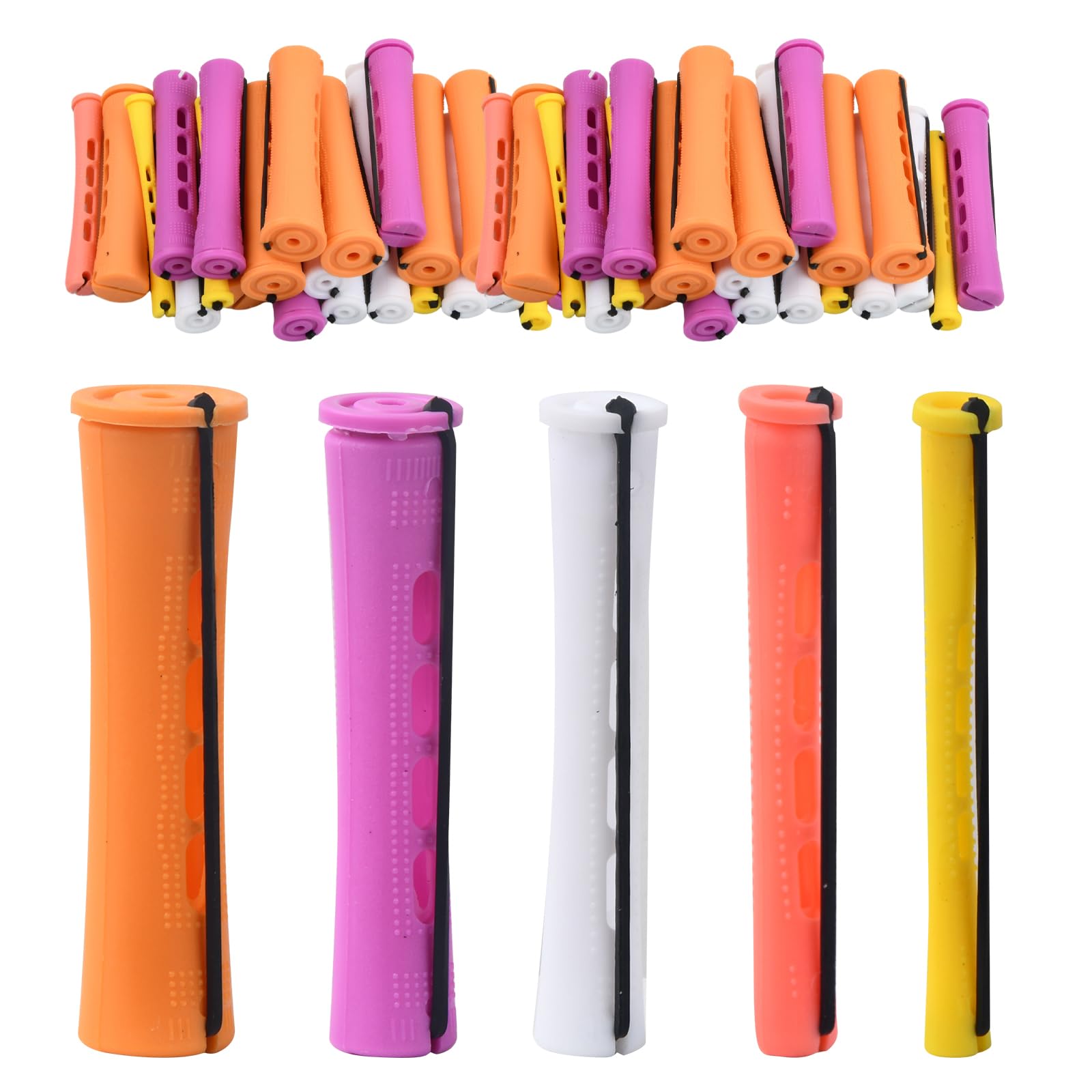 Dokeno Hair Wave Bars, Pack of 50, Non-Slip Plastic Cold Wave Bars for Women, Men and Children, Hair Perm Rods with Elastic Band for Long, Medium Length Hair, Hairdressing Tool