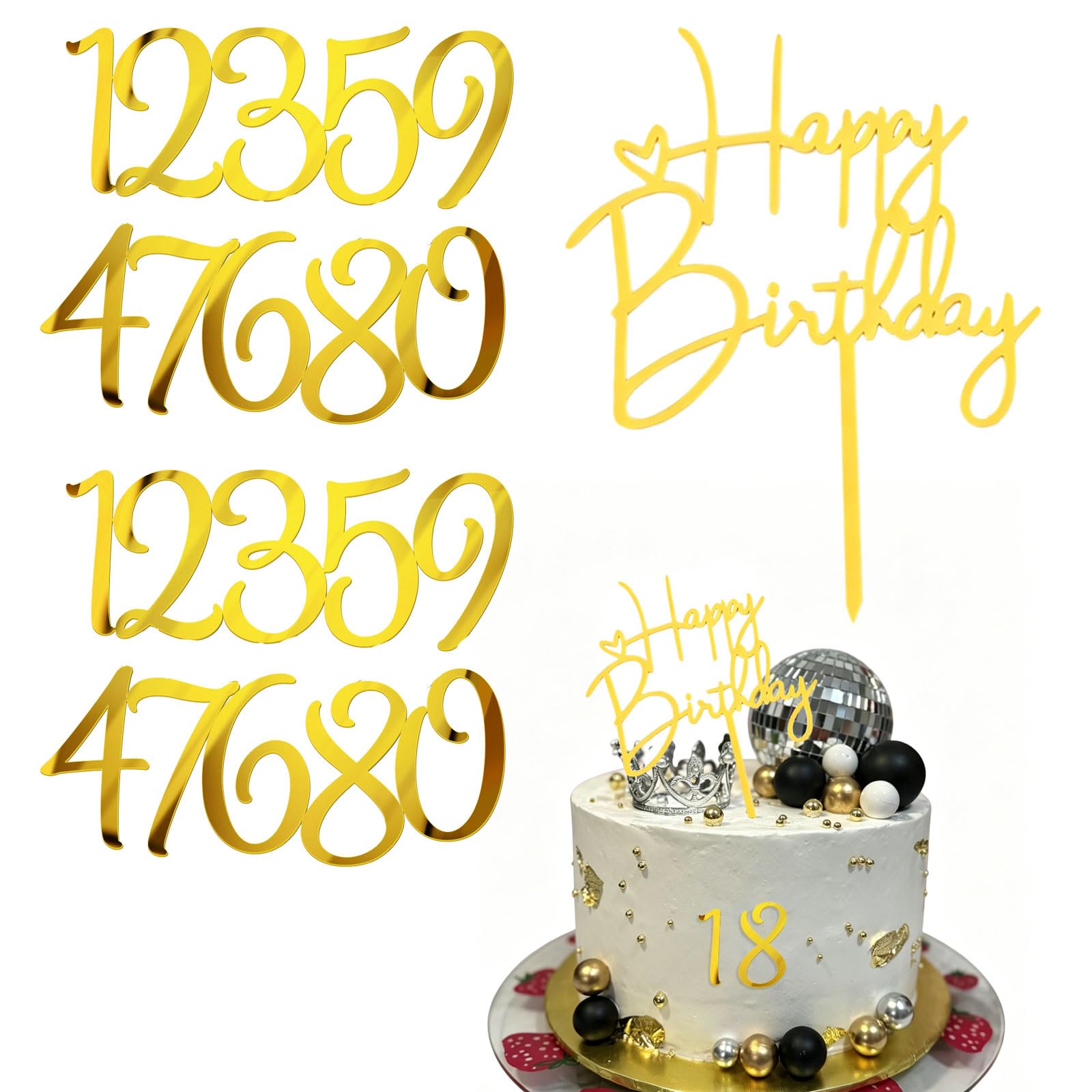 Floruvia 21 Pieces Golden Sparkling Acrylic Number Cake Toppers 0-9 Numbers, For DIY Handmade Cake Decorations For Birthdays, Weddings, Anniversaries
