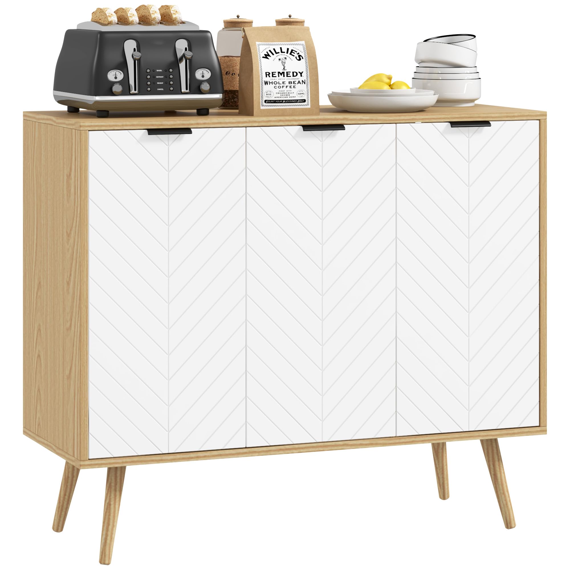 HOMCOM Buffet Salon, Meuble de Rangement avec 3 Portes et étagère réglable, Pieds en Bois de pin, Buffet Salle à Manger Cuisine et Chambre, 91,5 x 35 x 77,4 cm, Blanc et Bois Naturel