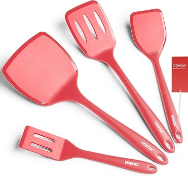 Silicone Spatula Set, 600F Heat Resistant Silicone Spatula Turner Flipper for Cooking, Non Stick and Non Scratch Kitchen Utensils for Eggs & Pancakes, 4 Pack, Red