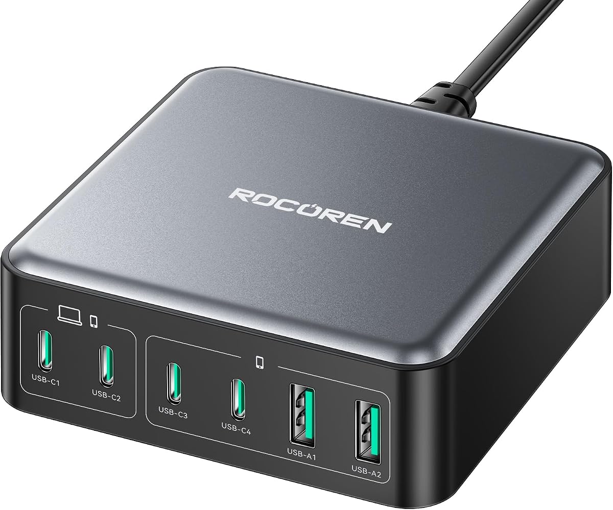 270W GaN 6‑Port Charging Station,100W PD Fast USB‑C Charger Dock | Multi‑Device Charging Hub,Compatible for Laptop,MacBook,iPhone 17,iPad,Galaxy S25 and Other Type‑C Electronic Devices,Black