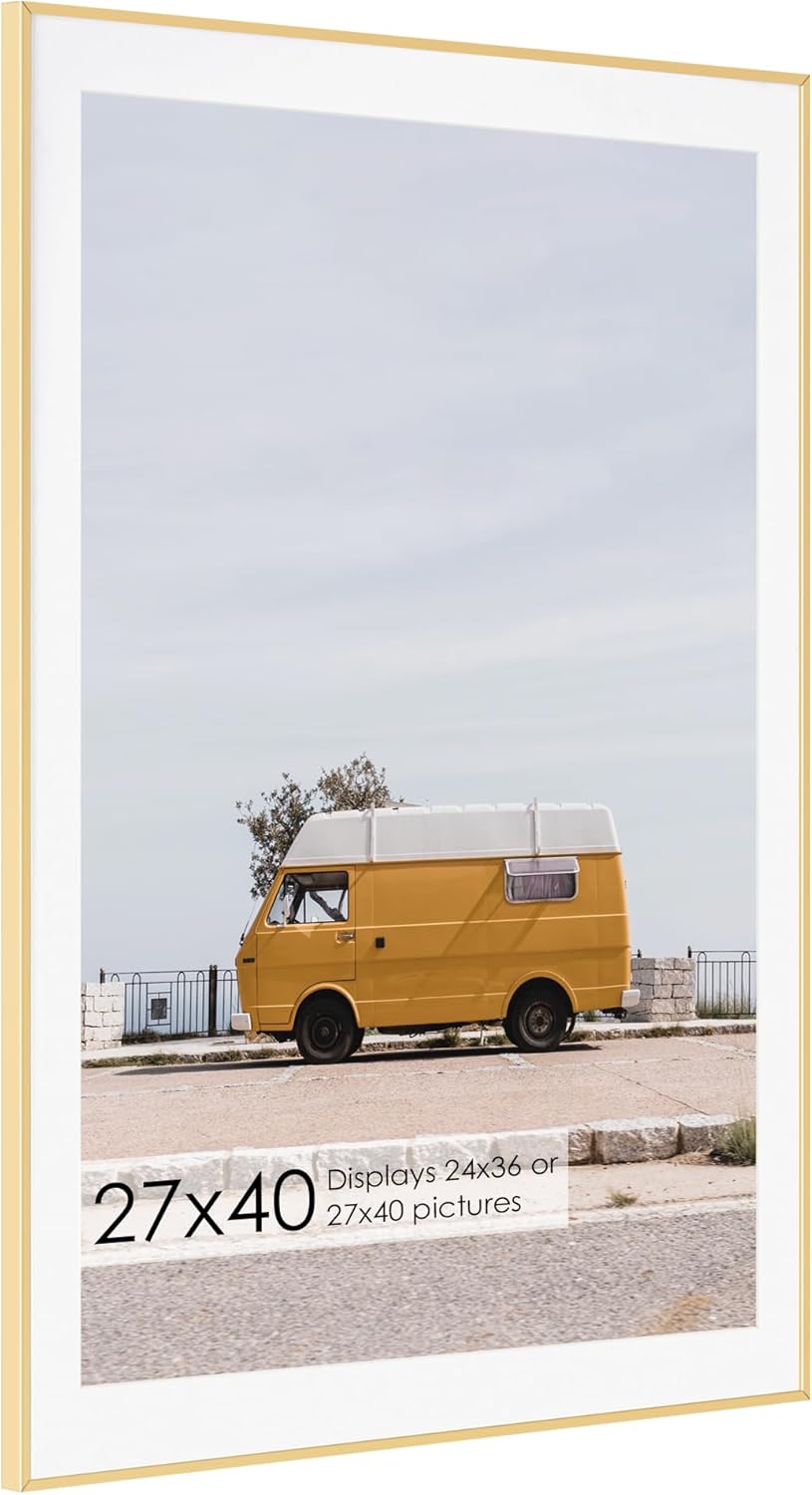 27x40 Metal Picture Frame with 24x36 Mat, Brushed Aluminum Finish, Tempered Glass Front, and Attached Hanging Hardware - Wall Display Frames for Vertical or Horizontal Orientation - Gold Gold 27x40 - 1P