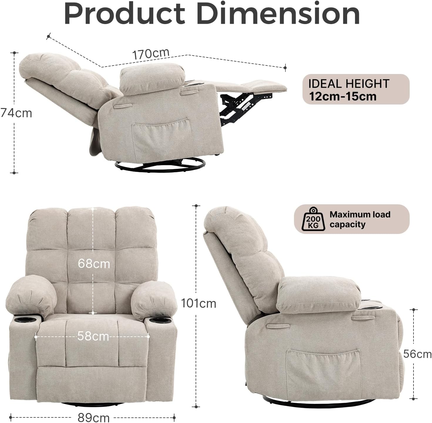 Recliner Chair Reclining Armchair Padded Seat Single Sofa Lounge Seating Manual Adjustable Legrest and Backrest PU Leather Couch Chair for Living Room Bedroom Home Theater Cafe