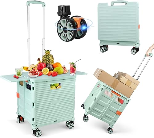 Miniatura 24 de FELICON SELORSS - Carrito plegable portátil plegable con mango telescópico de plástico resistente y duradero, 4 ruedas giratorias para viajes, Blanco
