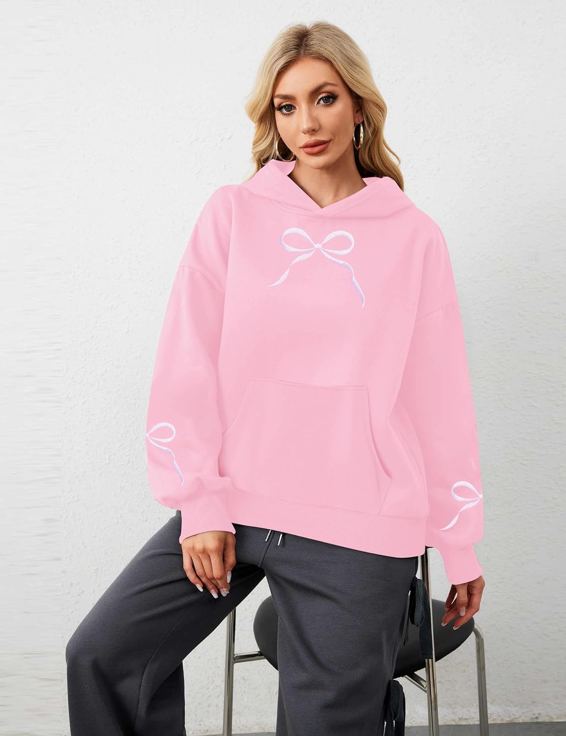 MAXIMGR Oversized Bow Hoodie Cute Clean Girl Embroidered Sweatshirts Coquette Preppy Sweater Y2k Pullover Top Teen Girls - Image 3