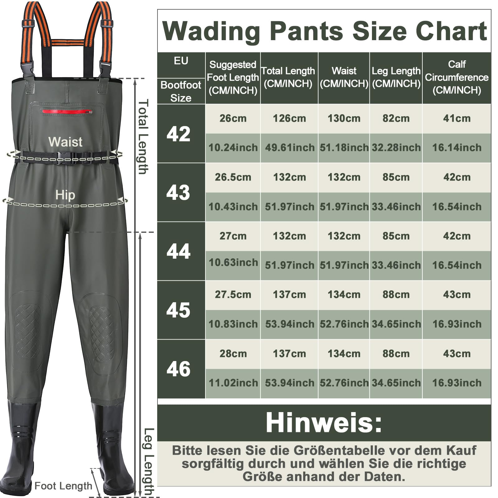 YOOHBERRYS Waders Peche Homme, Waders Pantalons de Pêche avec Poche Poitrine, Pantalons de Waders avec Bottes 42-46, Waders Peche Antidérapants Cadeau pour Amateurs de Pêche e Sportive