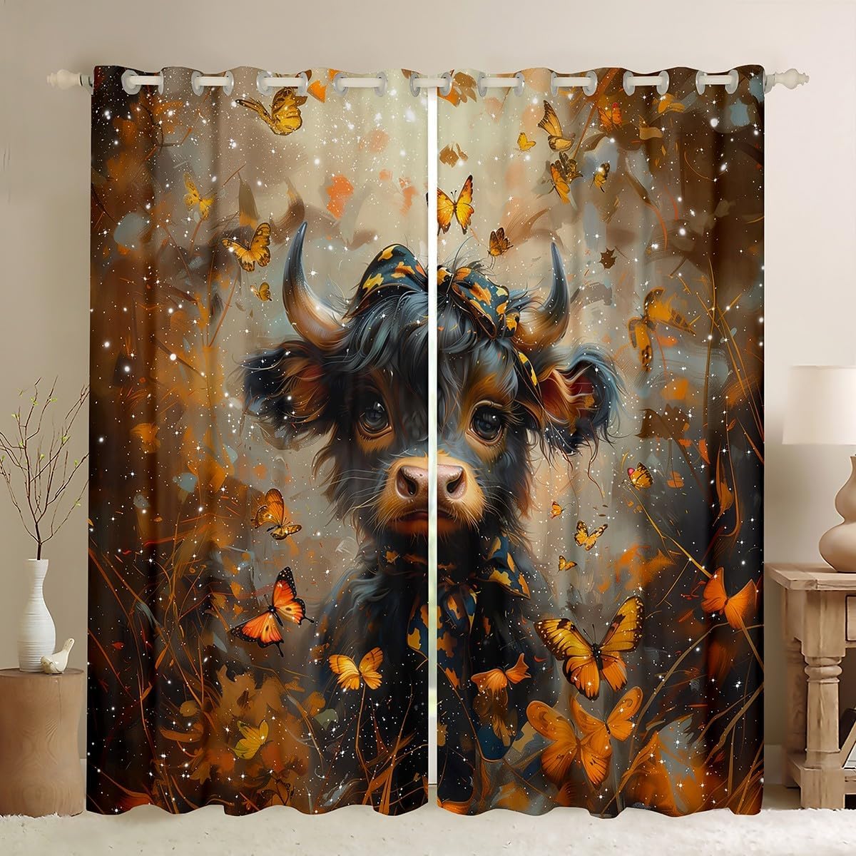 Feelyou Highland Cow Curtains for Bedroom Living Room Kids (2 Panels, 52 x 63 Inch) Maple Leaves Room Darkening Blackout Curtain Butterfly Darkening Dreapes Orange Brown Window Treatments
