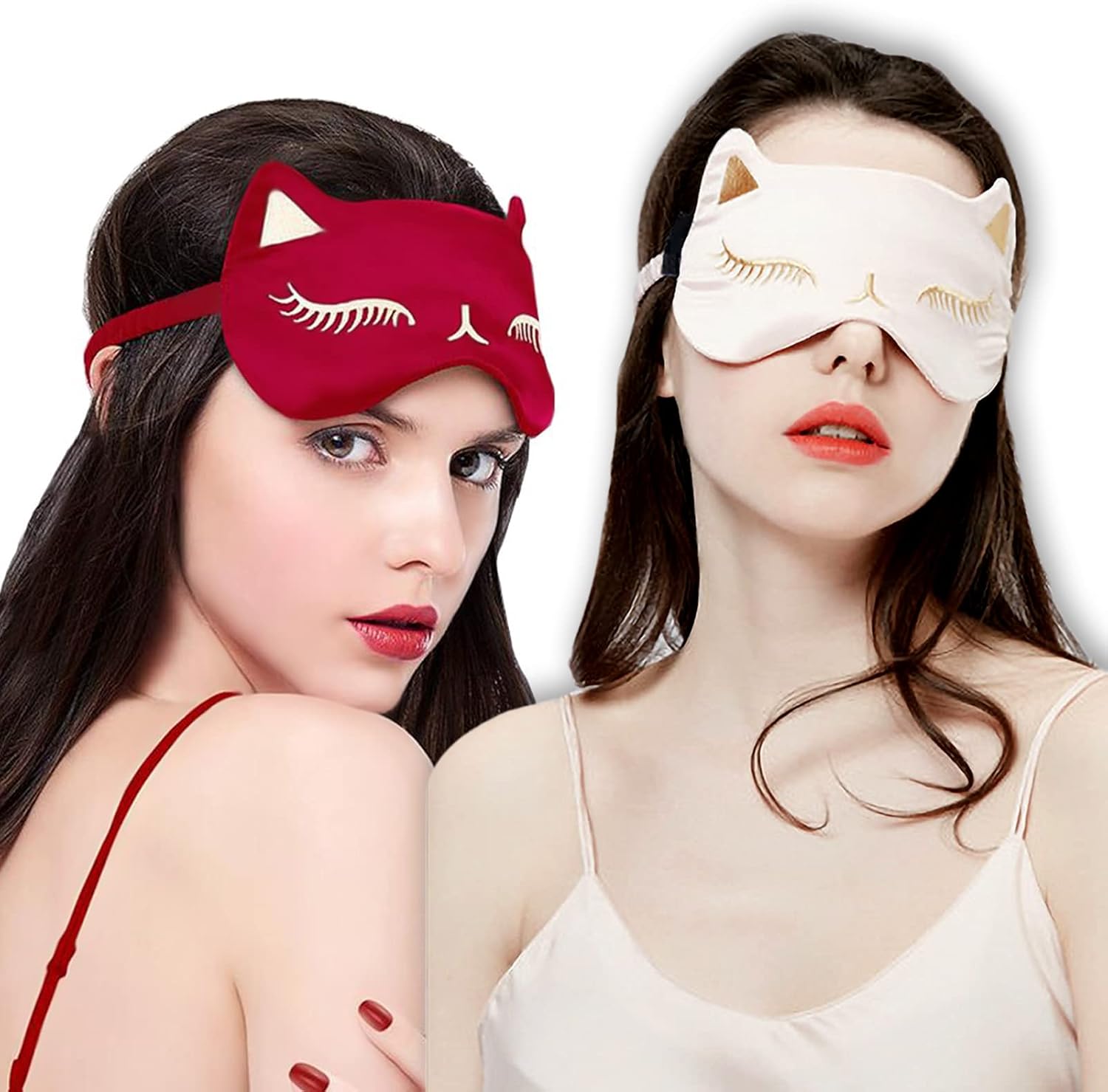 Sleep Mask 2 Pack, Natural Silk Sleep Mask Blackout Cat Eye Mask, Smooth Soft Eye Covers, with Adjustable Straps for Women, Men, Travel, Nap, Shift Work