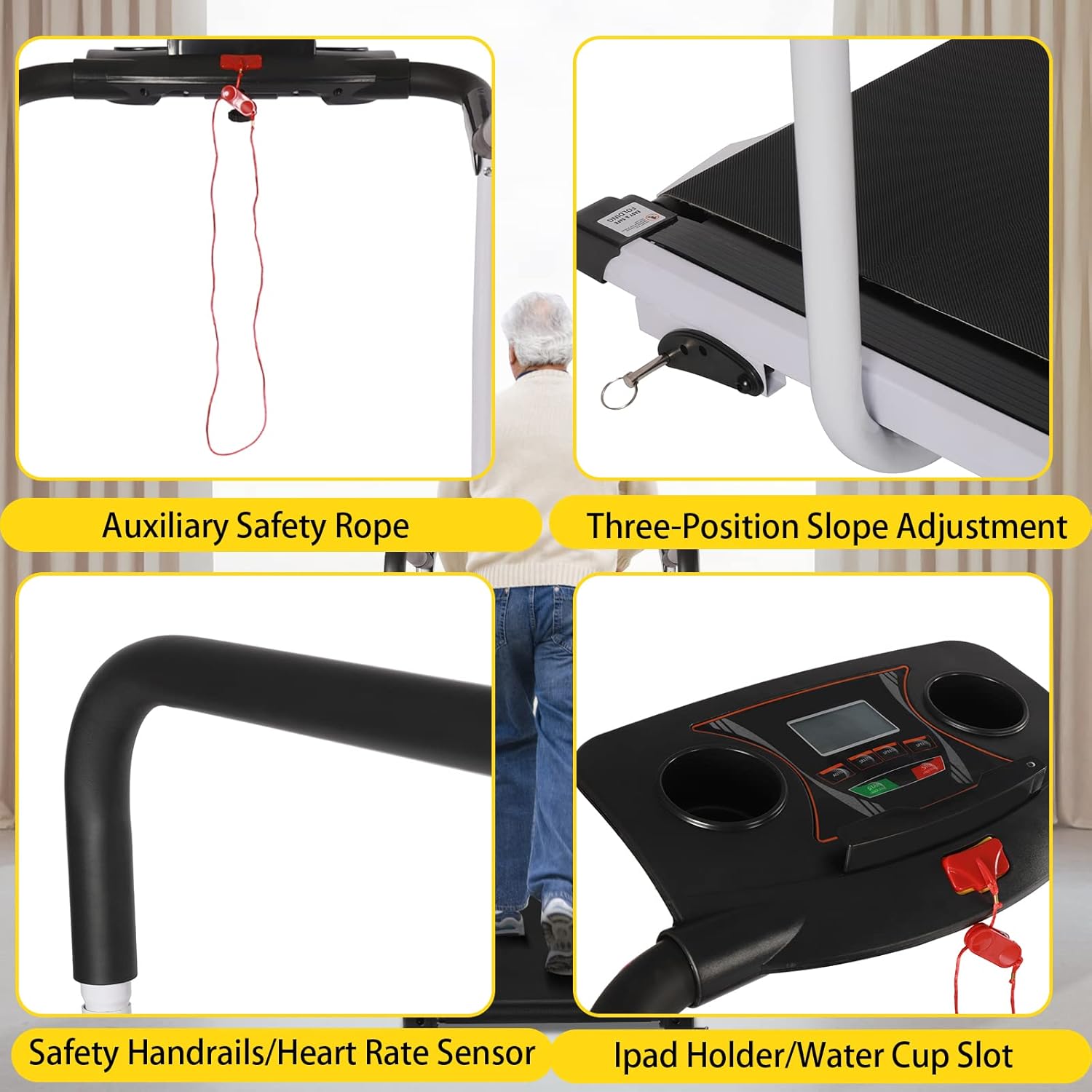Treadmill, Folding Treadmill, Motorized Treadmill, Walking Treadmill with Long Handraill for Balance, Recovery Fitness Walking Treadmill, with LCD Display, Holder for Phone & Cup, 220 lbs Capacity