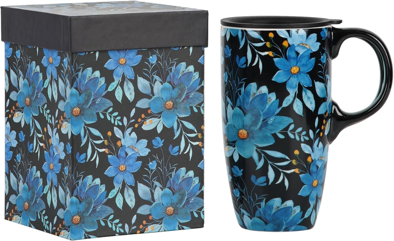 Coffee Ceramic Mug Porcelain Latte Tea Cup With Lid 17oz., Blue Flower - Image 4