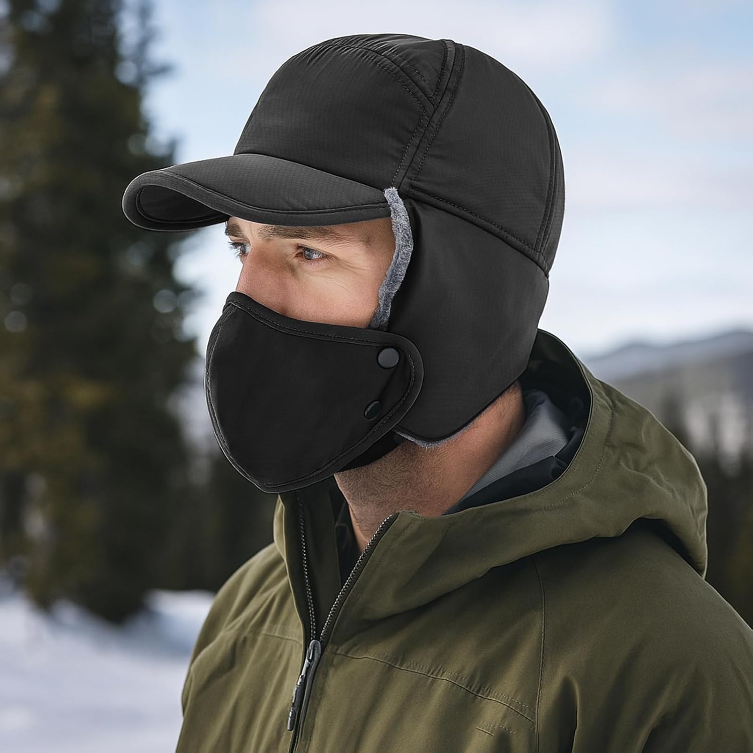 3 in 1 Winter Thermal Fur Lined Trapper Hat with Ear Flap Full Face Warmer Cover, Windproof Cycling Motorcycle Headwear