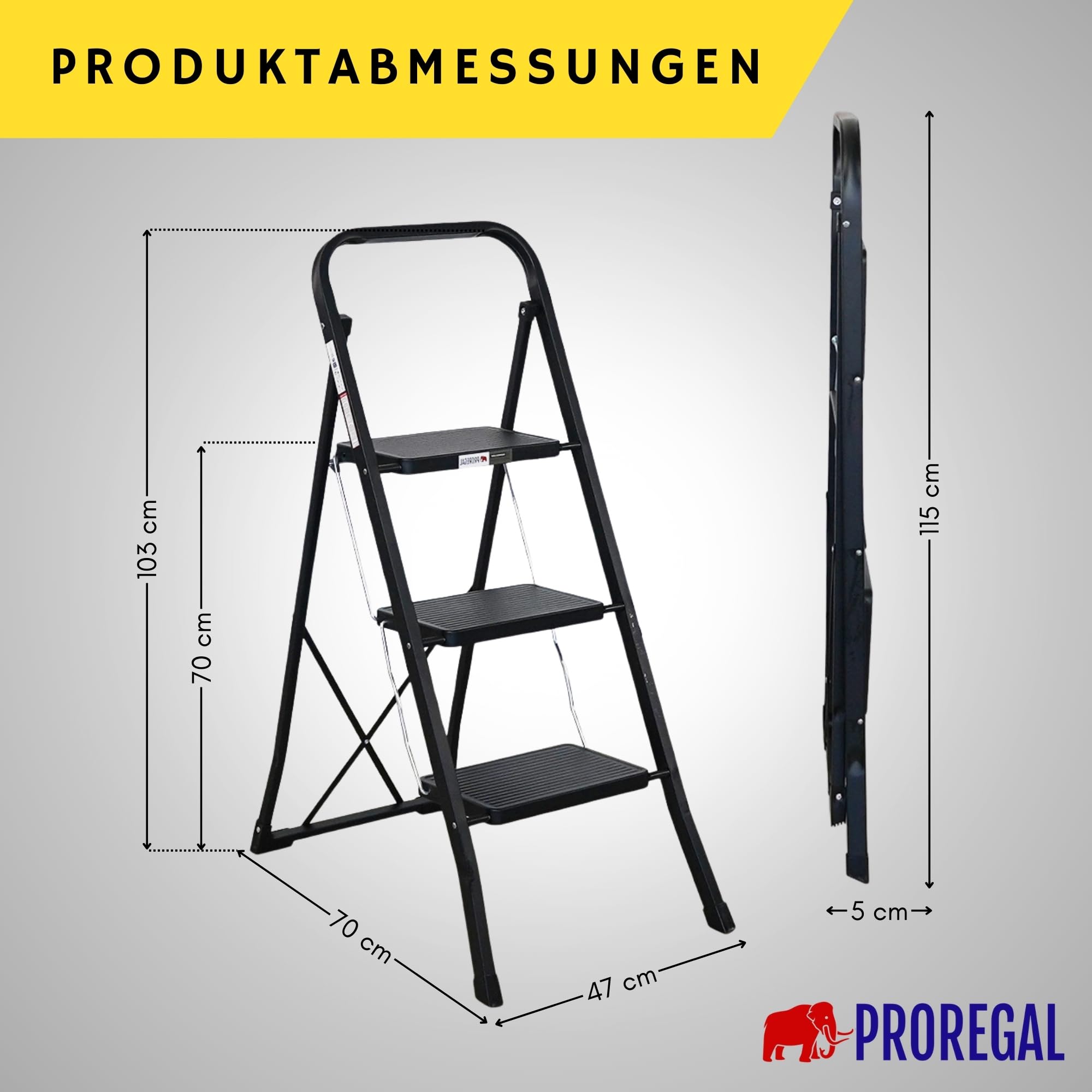 PROREGAL Trittleiter mit 3 Stufen TÜV extra breitem Anti-Rutsch-Tritt aus Leichtmetall, 5 kg leicht, klappbar Klappsicherung, bis 150 kg, schwarz, Leiter Klappleiter Haushaltsleiter Klapptritt