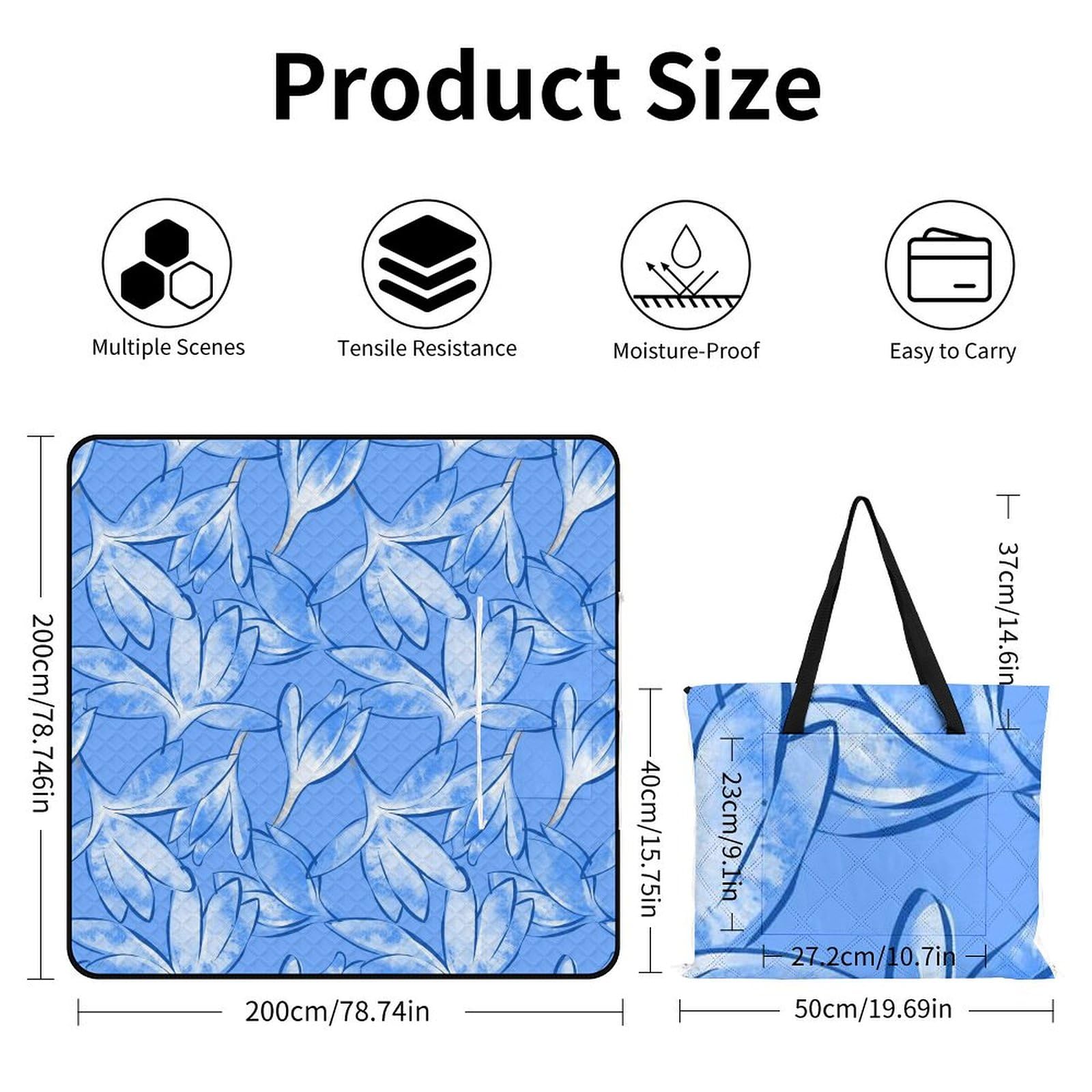 Watercolor Fleurs Blue Couverture Pique Nique Tapis De Plage Anti Sable Matelas De Plage Tapis Picnic pour Camping, Parc, Jardin 200x200cm