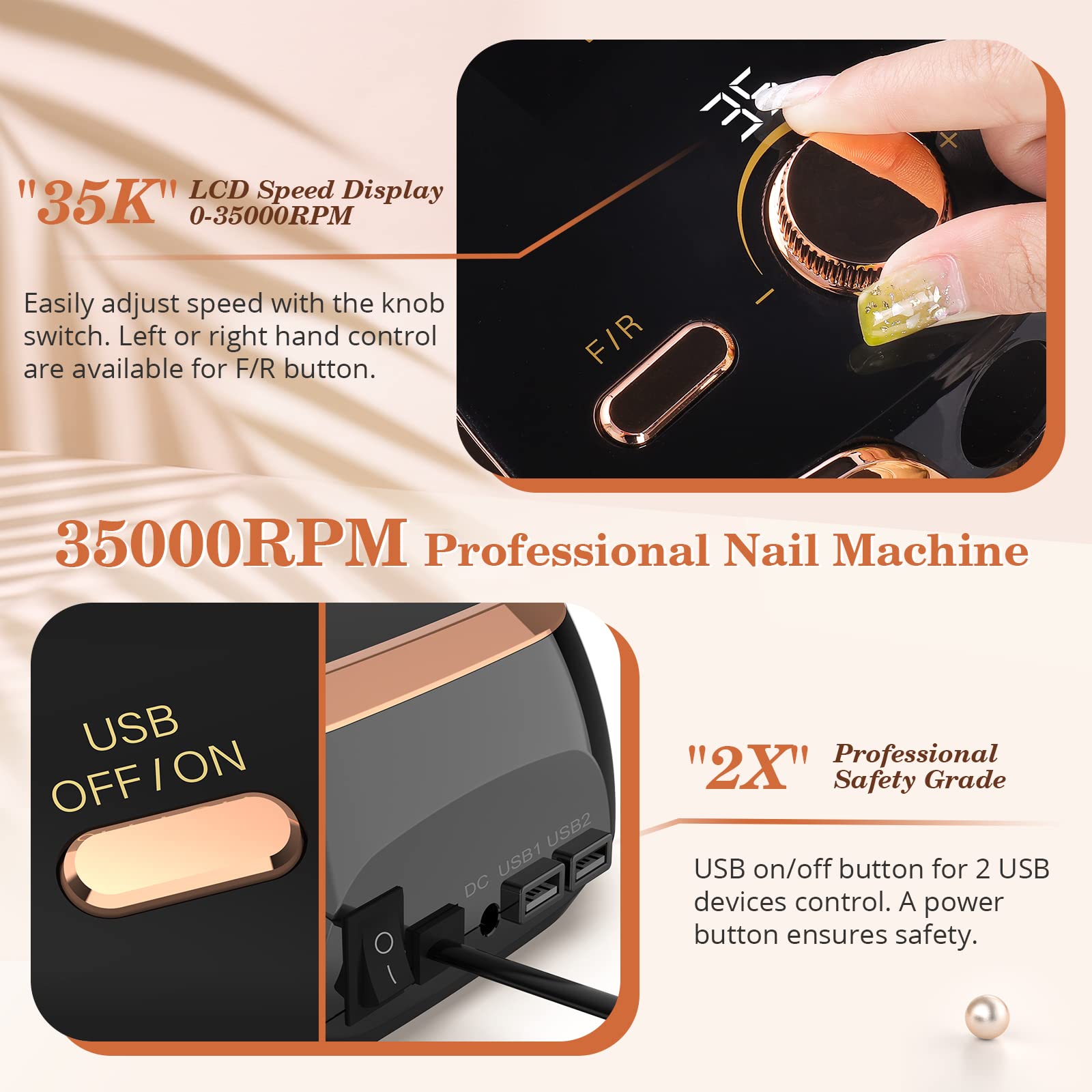 Máquina de perforación de uñas eléctrica, profesional 35000 RPM Electric Nail Drill File with Speed Display Manicure Pedicure Kit para uñas acrílicas, uñas de gel, polaco, buffing y para uso doméstico