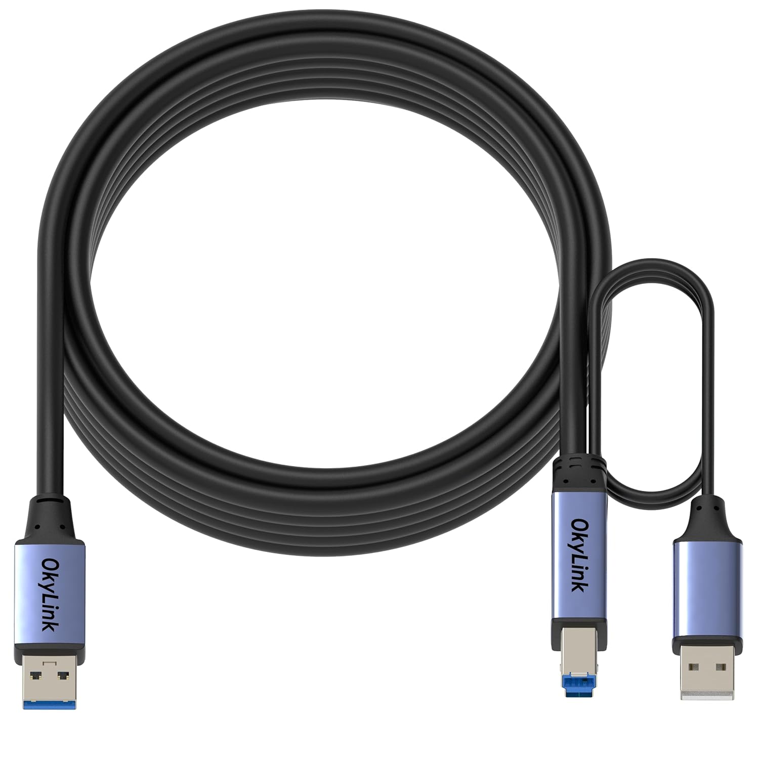 OkyLink 15ft(5M) Active USB 3.0/3.2 Gen 1 Printer Cable A Male to B Male Comes with Power Cable 5Gbps for Long Distance Printer, Scanner