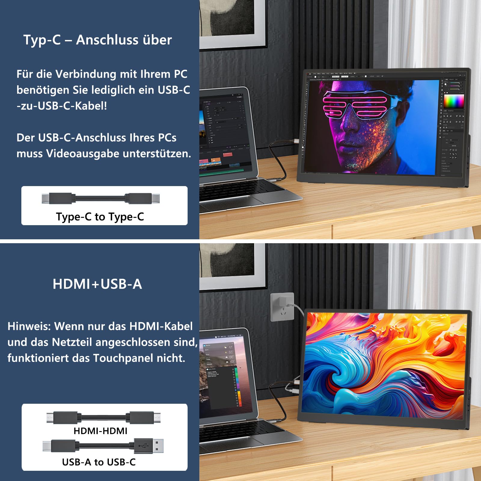 Monitor touch screen da 14,1 pollici, 1920 x 1200, display IPS da schermo portatile con 2 USB-C, HDMI, USB-A, 10 punti, monitor portatile esteso per laptop, PC, telefono, Mac, Xbox, PS5