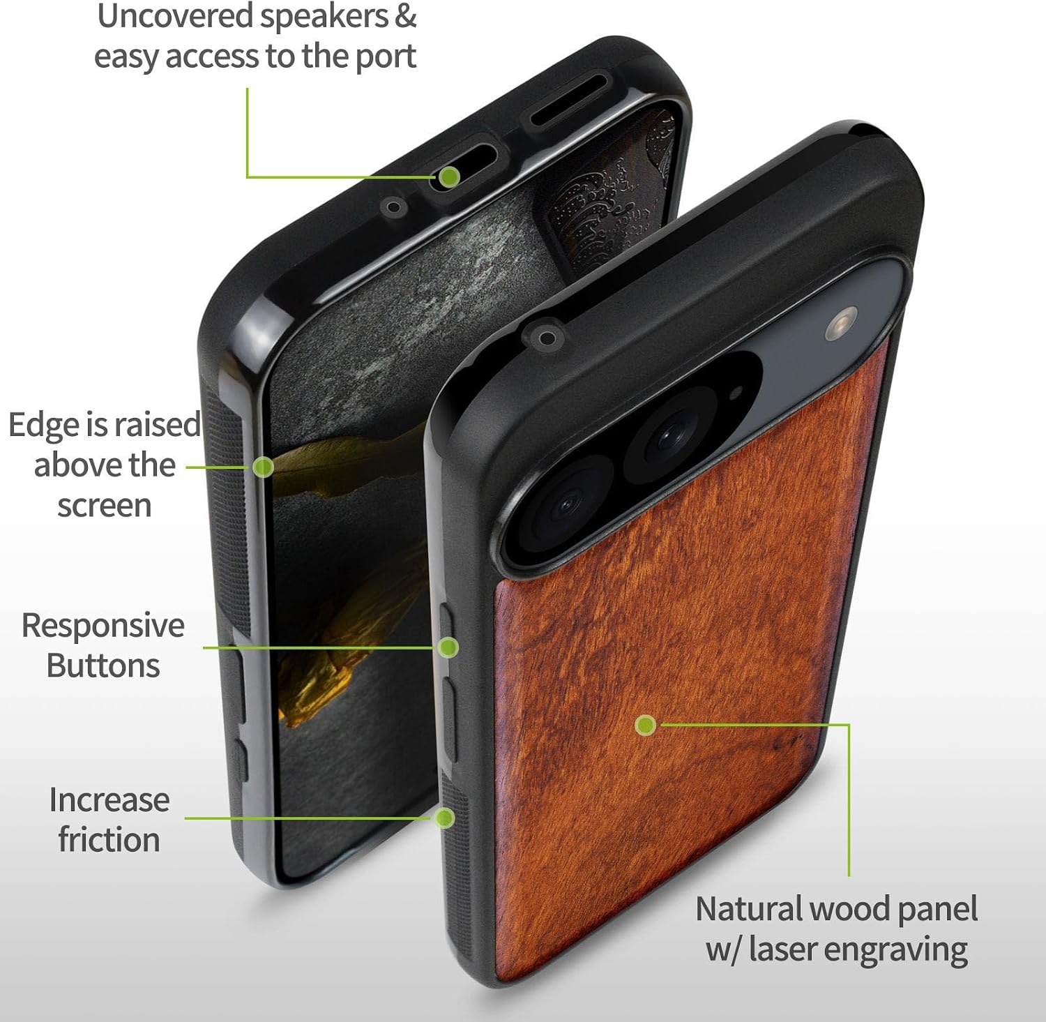 Carveit Wood Case for Pixel 9 Case [Natural Wood & Black Soft TPU] Shockproof Protective Unique Wooden Cover Compatible with Google Pixel 9 (Natural-Rosy)