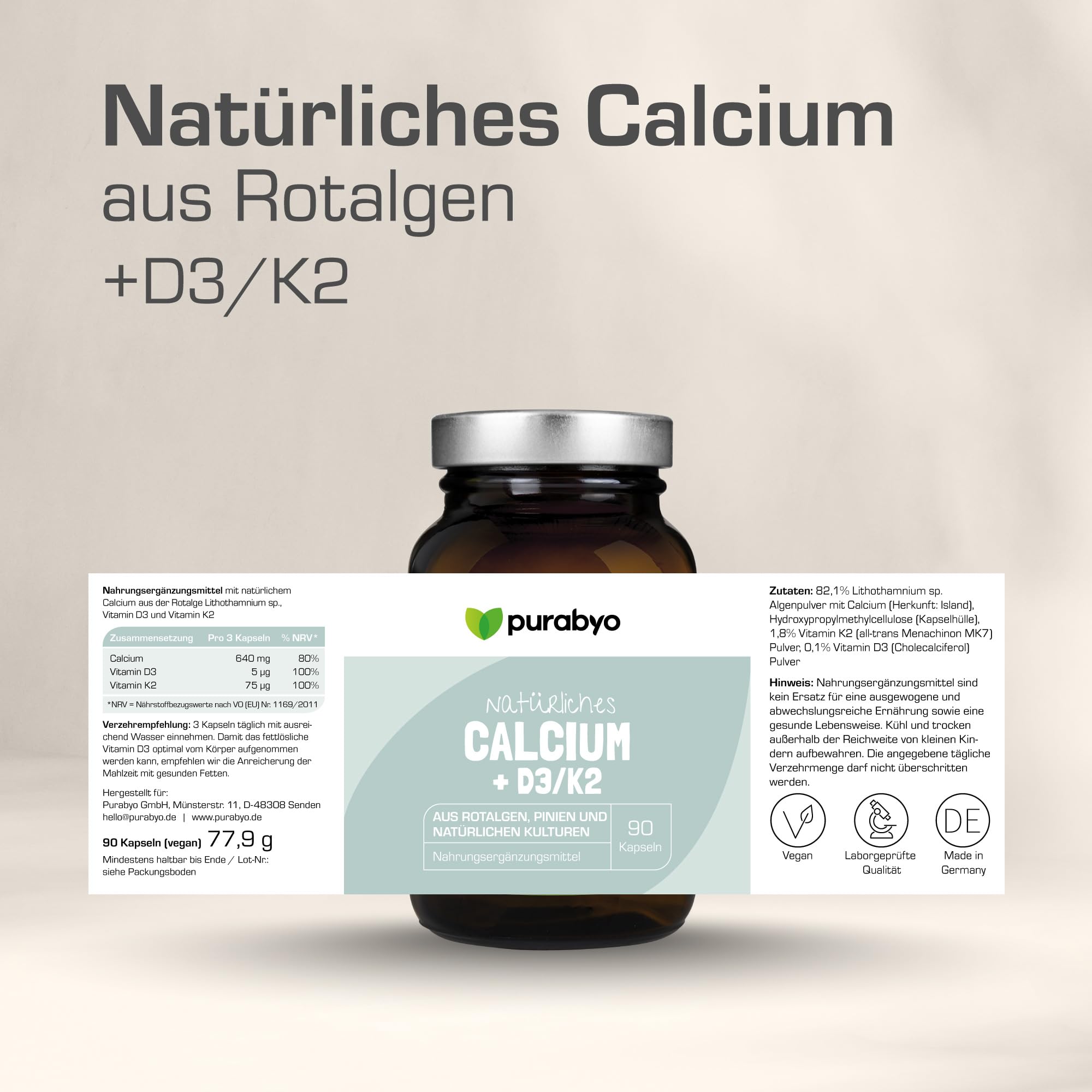 Purabyo Calcium mit Vitamin D3/K2 | im Glas | Hochdosiert 640 mg | Aquamin natural Calcium aus Rotalgen | natürliches Kalzium | Calcium hochdosiert | vegan, laborgeprüft und in Deutschland hergestellt