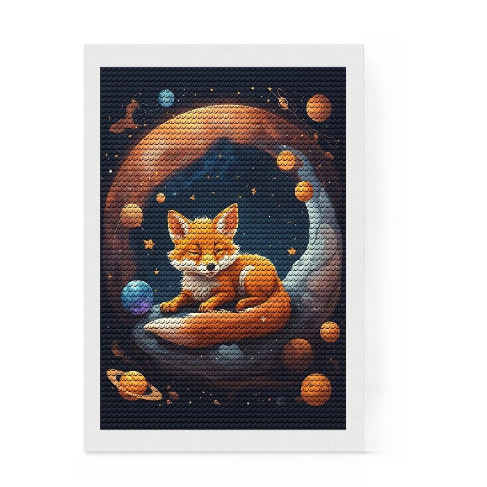 Junmoney Cute Baby Fox Diamond Style Art Kit 8"x12", Round Gems, Mindful Craft Project, Thoughtful Present, Aesthetic Room Decor