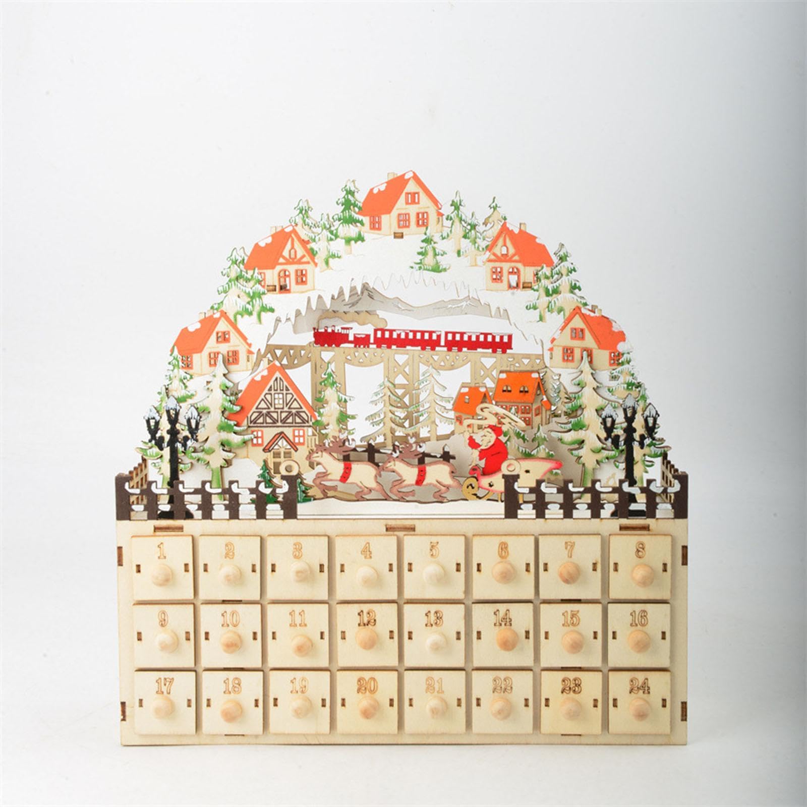 Weihnachts-Adventskalender aus Holz, beleuchtet mit 24 Schubladen, 2 Stück