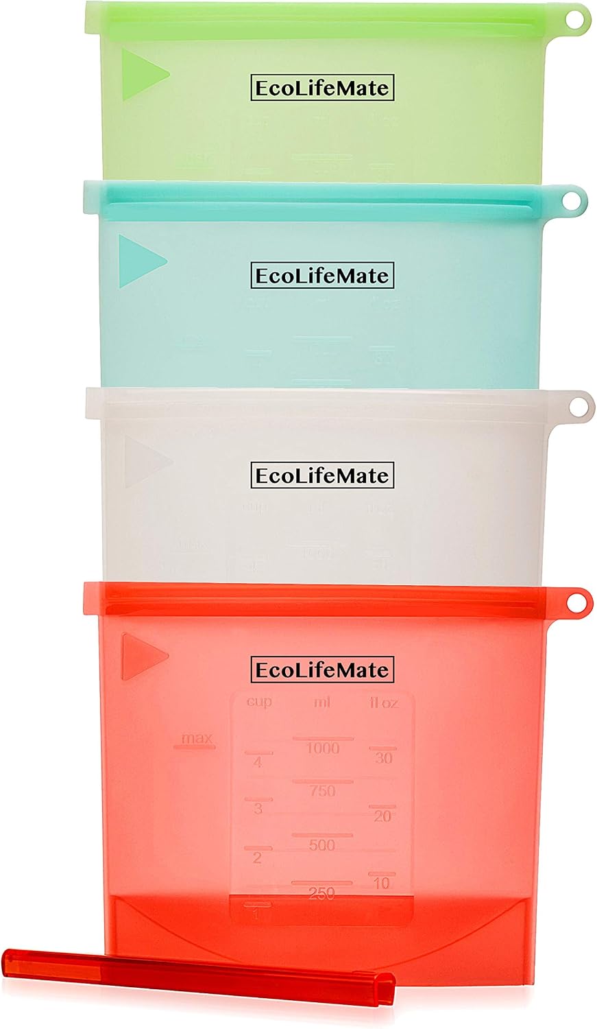 EcoLifeMate Reusable Silicone Food Storage Bags, Dishwasher Safe, Quart Size (4pack)