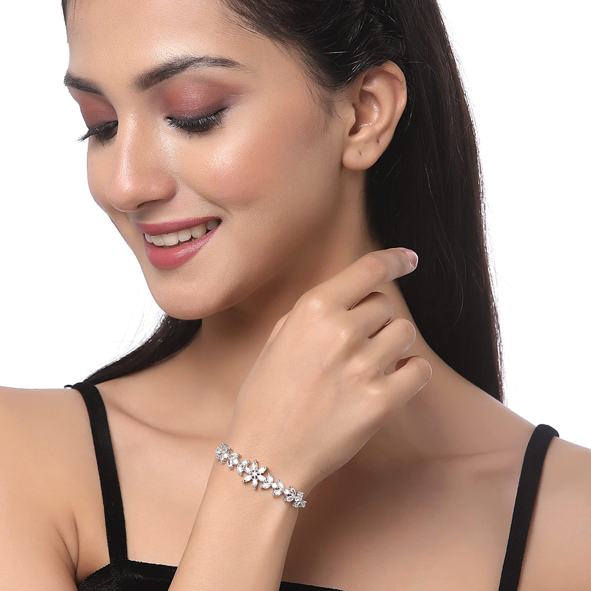 ZENEME Bracelet Rhodium-Plated Silver Toned Stylish Flower Shaped Crystal American Diamond Charm Bracelet For Women and Girls 2