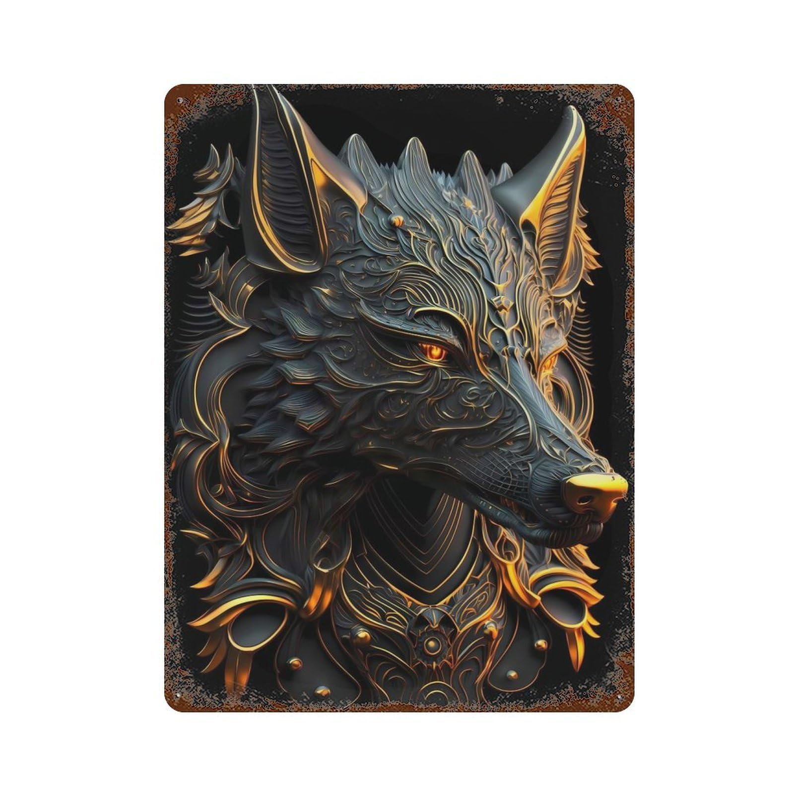 Regal Golden Fire Wolf 15.7"x11.8" Distressed Metal Wall Sign, Shabby Chic Decor for Shed, Workshop And Garage Wall Decor