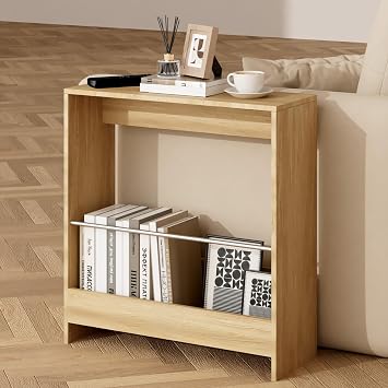Slim Side Table with Magazine Rack,Narrow End Table with Open Storage Shelf