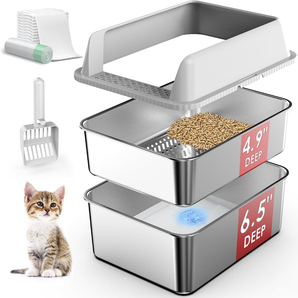 Suzzipaws Enclosed Stainless Steel Sifting Litter Box for Pine Pellets | 17.3”×13.4”×10.5” Stainless Steel Litter Box with Lid, Low Entry for Kittens & Small Cats, Anti-Leakage, Easy Cleaning