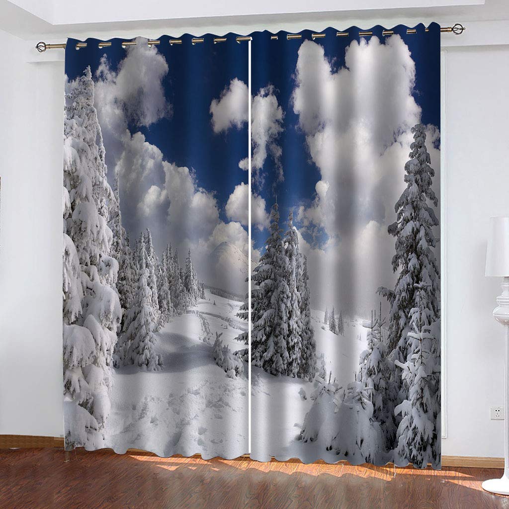 Rideau thermique isolant anti froid 3D motif neige hiver, lot de 2 rideaux occultants 234x230cm