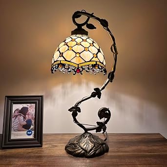 Tiffany Table Lamp Beige Stained Glass Crystal Beans Included LED Bulb for Living Room Dining Room Bedroom Bedside Office Hotel H21