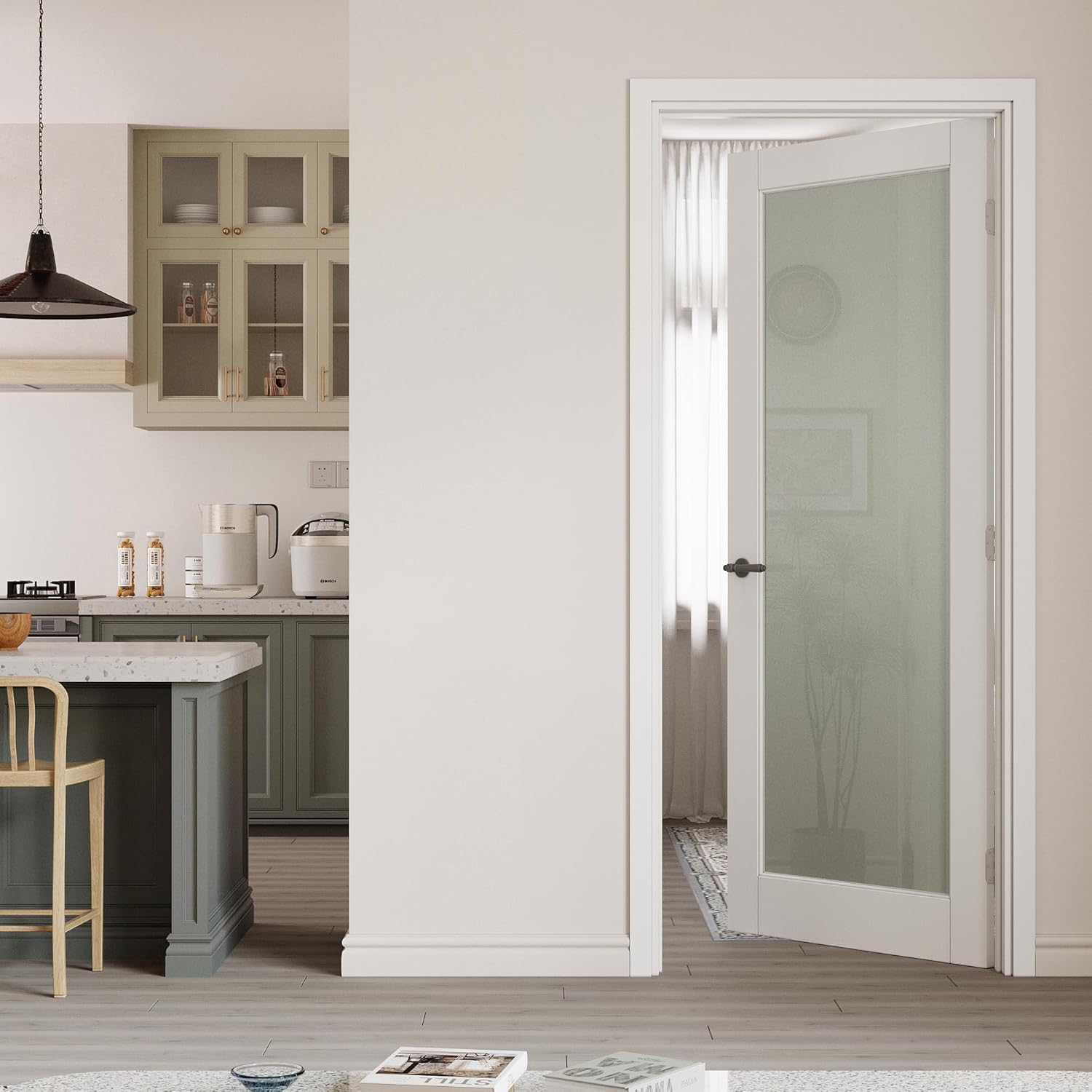 34" x 80" Prehung Door Interior, Tempered Frosted Glass Slab Doors with Jamb Kit, Solid Core MDF Interior Door for Bathroom Pantry Laundry, Easy Assemble - Right Handed Silver Hinge