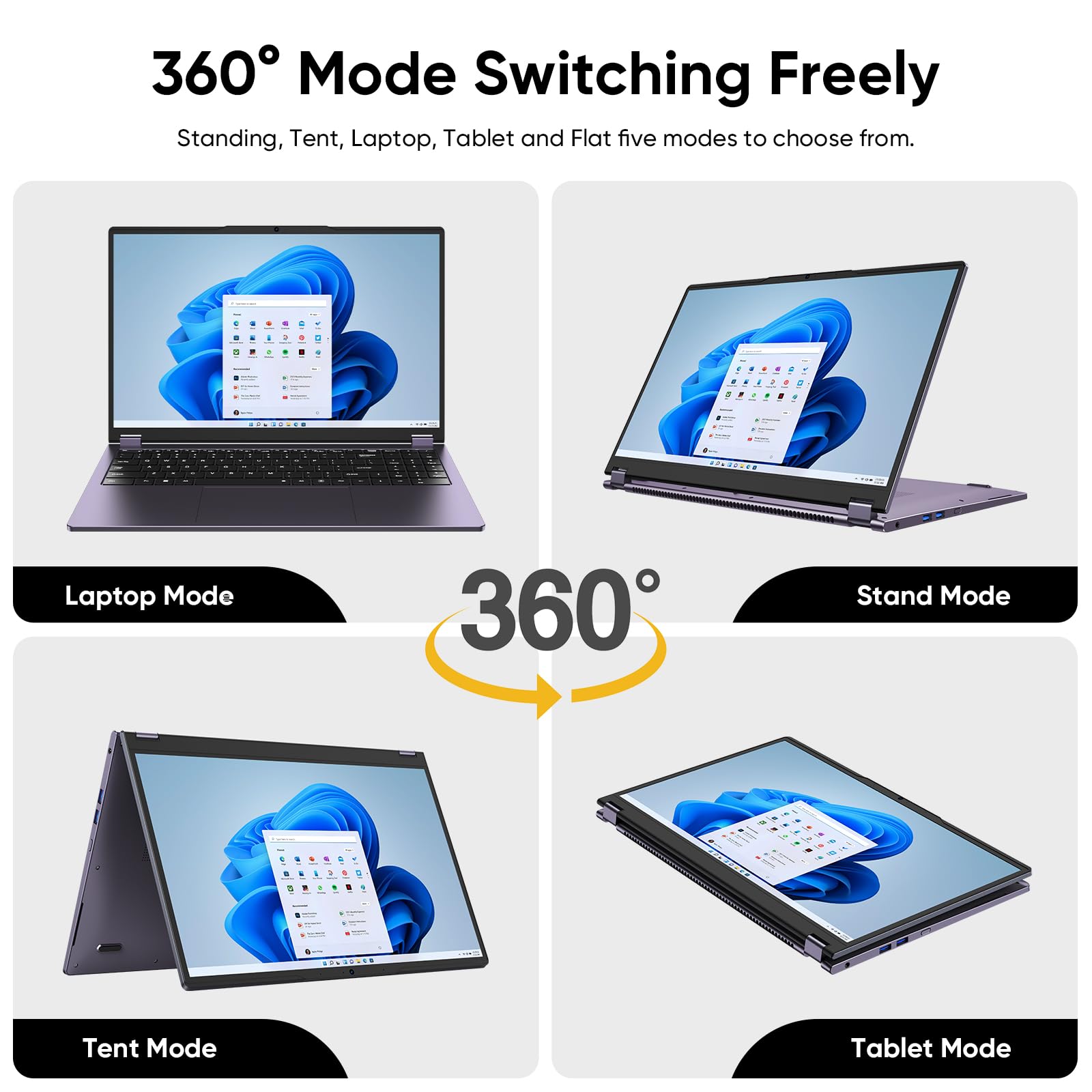 PC Portable 2-en-1 15,6" Tactile Yuga - Win 11 Pro 16 Go RAM 512 Go SSD m3-8100Y (3,40 GHz) Office 365 Ultra-Fin avec Clavier Rétroéclairé, Wi-FI 5, Bluetooth 5.1, Port RJ45 - 2