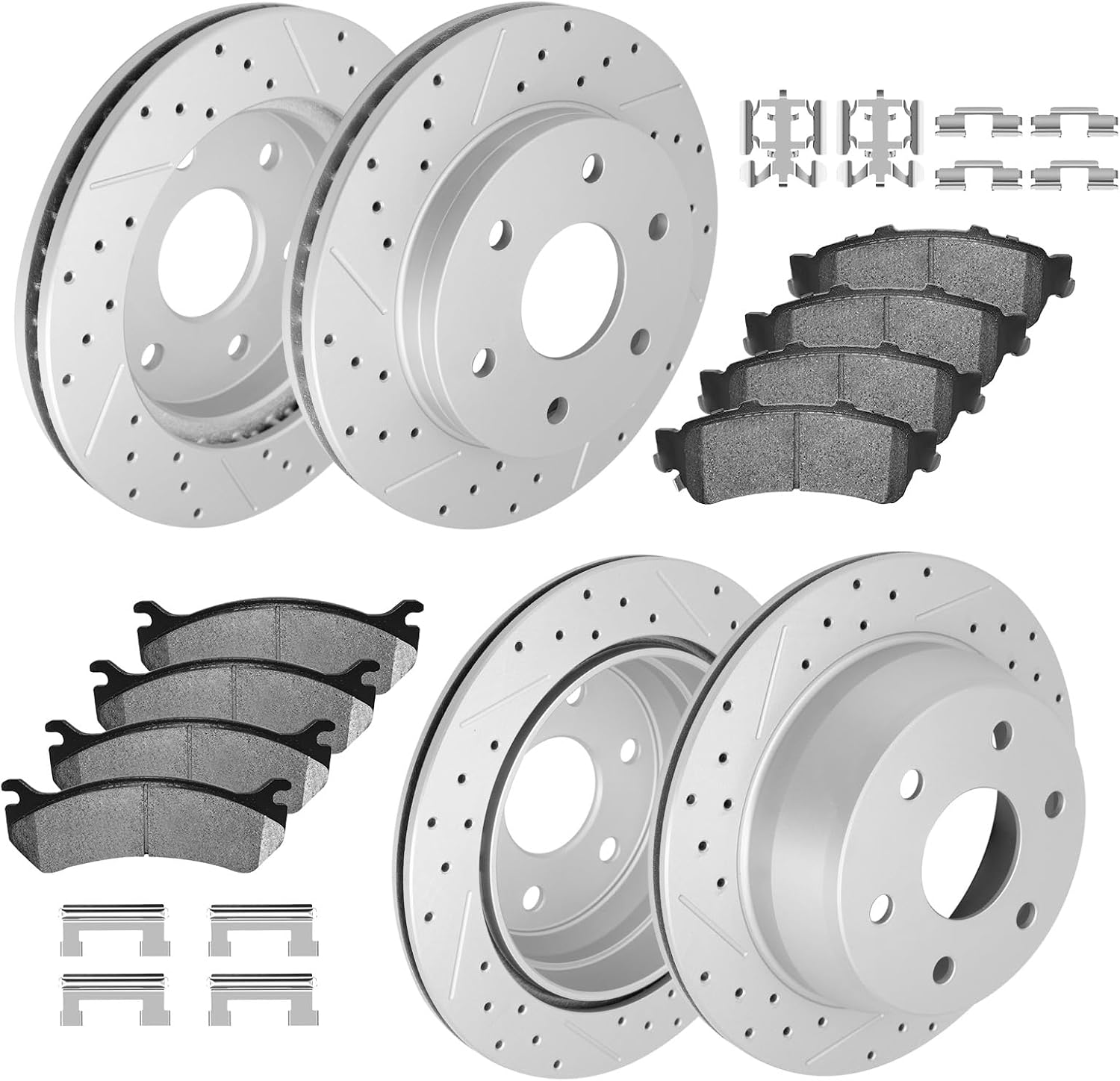 Front and Rear Drilled & Slotted Disc Brake Rotors Ceramic Brake Pads Kit for 1999-2006 Chevrolet Silverado 1500, GMC Sierra 1500, 2003-2005 Safari, Astro, 2000-2001 Tahoe, Yukon