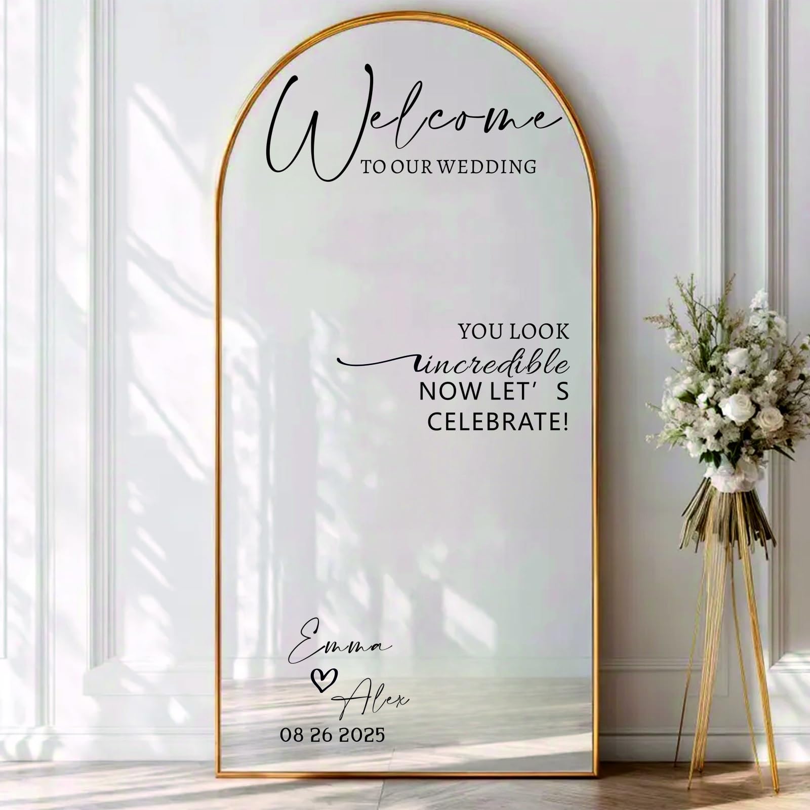 Welcome to Our Wedding Mirror Decal Vinyl Decal Custom Names and Dates for Mirror Celebrate Wedding Sign Wall Stickers(42X54CM)