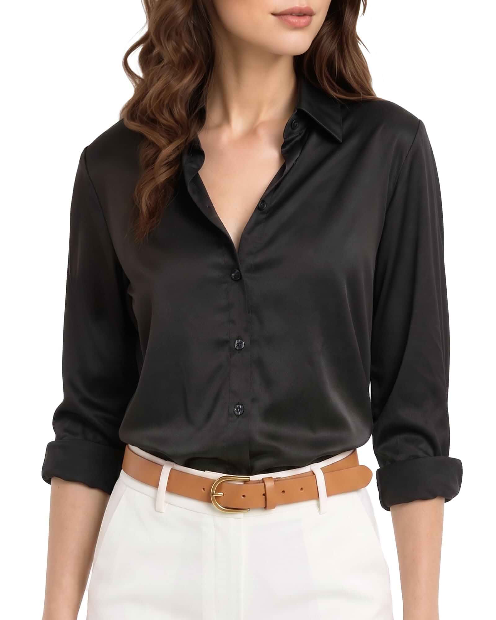 MANGOPOP Women's Button Down Long Sleeve Bodysuit Collared Top Silky satin shirt bodysuits, Collared v neck body suit, Fall clothing, Business causal blouse, Professional, Work, Daily tops