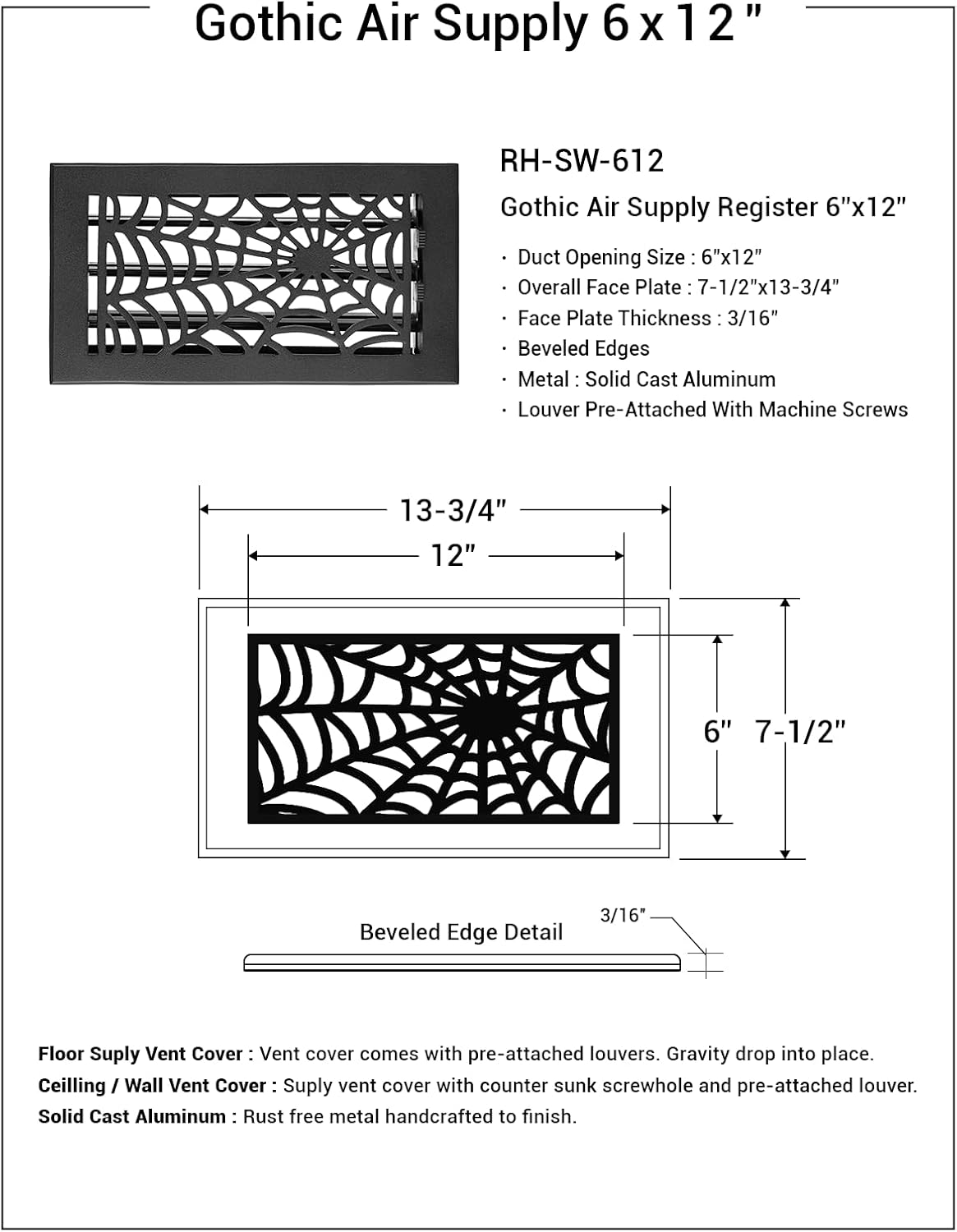 Spooky/Gothic 6"x12" Duct (7-1/2"x13-3/4" Overall Size) Solid Cast Aluminum HVAC Air Supply Grill for Wall-Black with Screw Holes with Detachable Steel Louver | Powder Coated