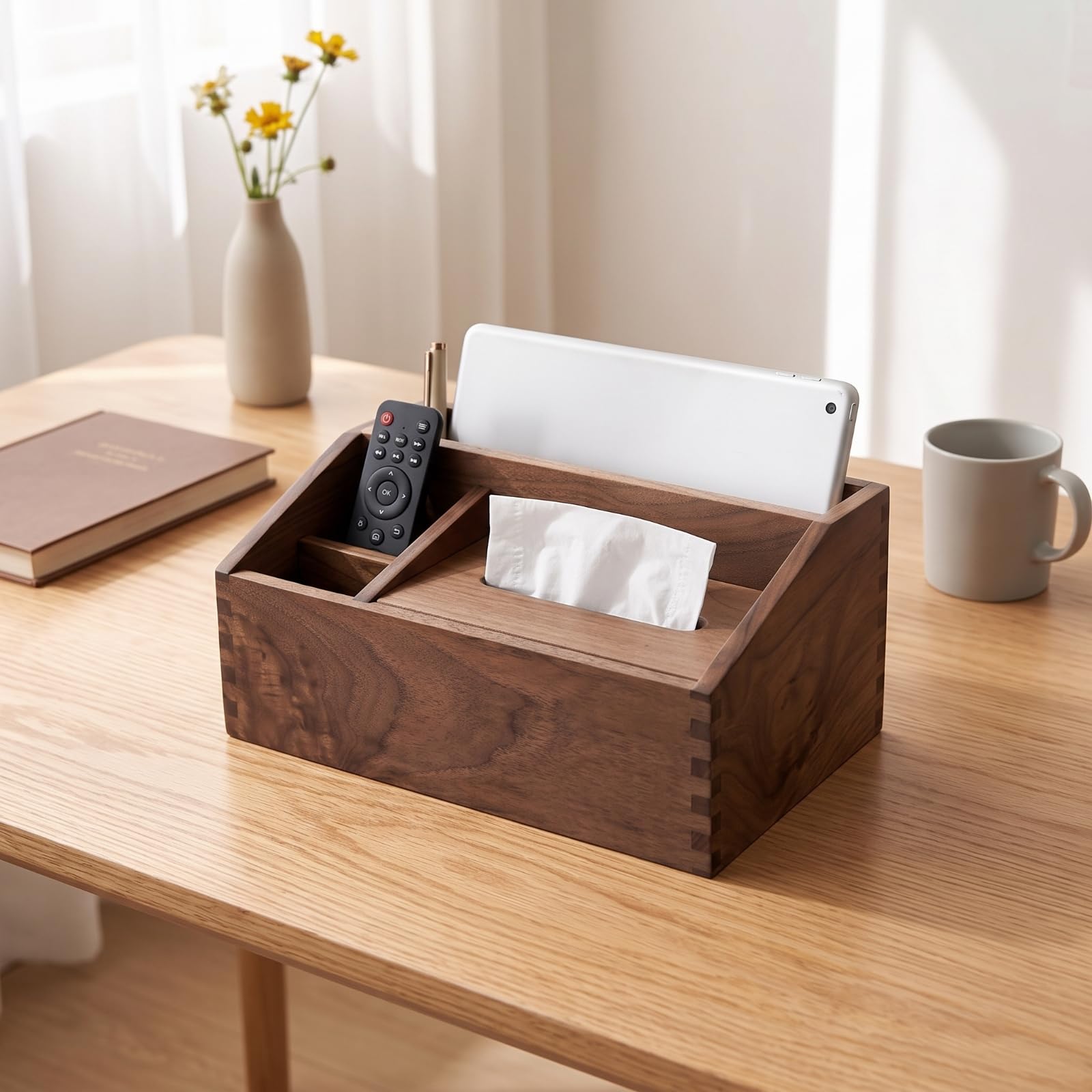Baoblaze Portatovaglioli Multipuso Porta Fazzoletti Scatola Organizer Contenitore Portapenne in Legno con Sezioni Laterali per Penne Utensili E Telecomandi per Tavolo Salotto, Nero Noce Americano