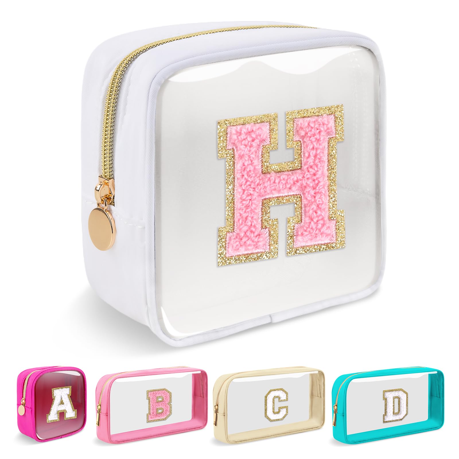 Mini Clear Personalized Initial Makeup Bag,Nylon Preppy A-Z Chenille Letter Patch Zipper Cosmetic Bag, Small Cute Beach Pouch Travel Purse Sanitary