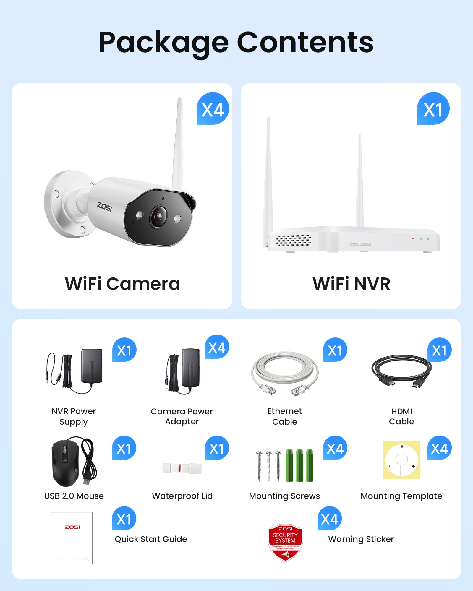 ZOSI 2K 3MP WiFi 6 Überwachungskamera Set Aussen, 8CH NVR mit 4 WLAN IP Kameras, 64GB Karte, 2-Wege-Audio, Personen- und Fahrzeugerkennung für Garten, Garage, Haus