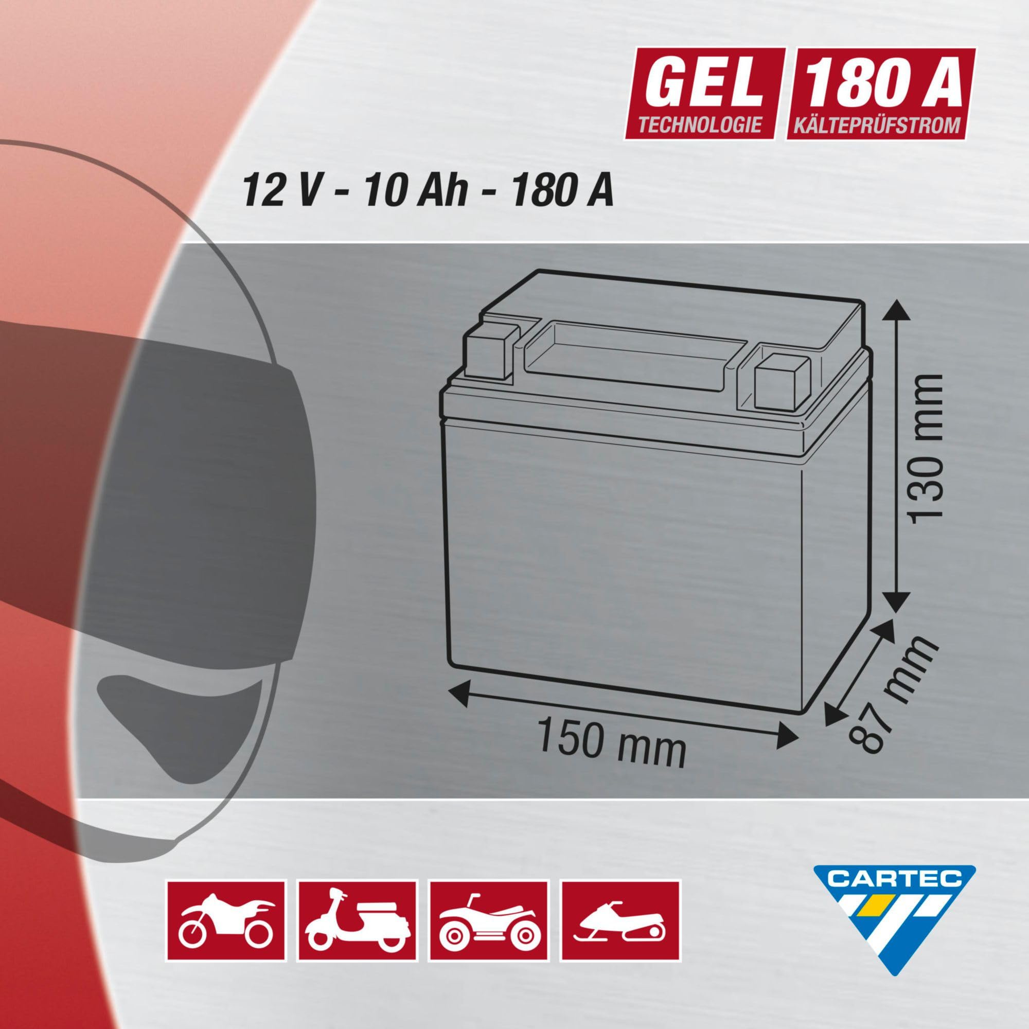 Batería de motocicleta CARTEC YTX12-BS, 10Ah, 180A, batería de arranque de motocicleta con tecnología de gel, calidad OEM, ciclo profundo, almacenable, sin mantenimiento