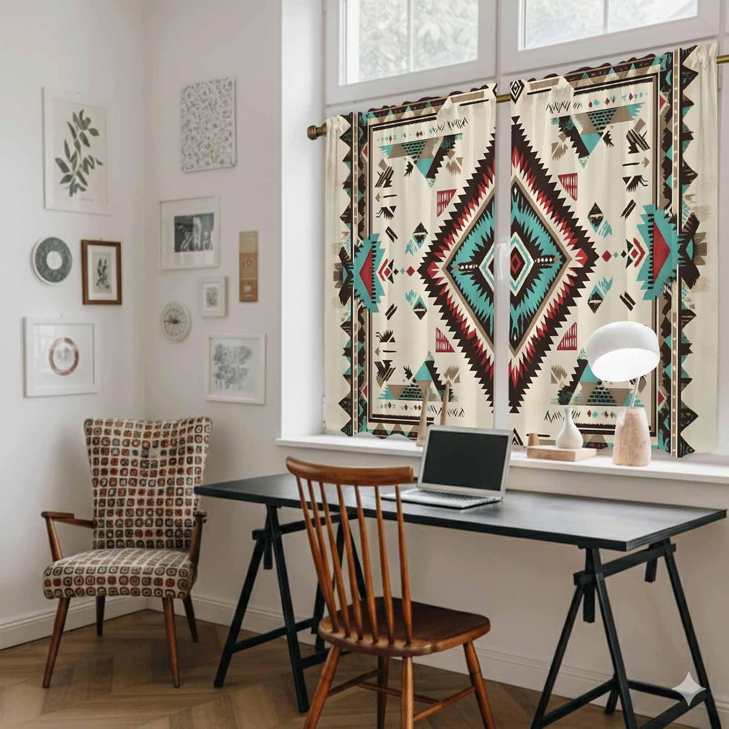 Red Teal Brown Southwestern Kitchen Curtains, Ethnic Geometric Boho Light Filtering Window Curtain Panels, 2Pcs Rod Pocket Window Treatments Set for RV Dining Room Study Room 42x45 Inches