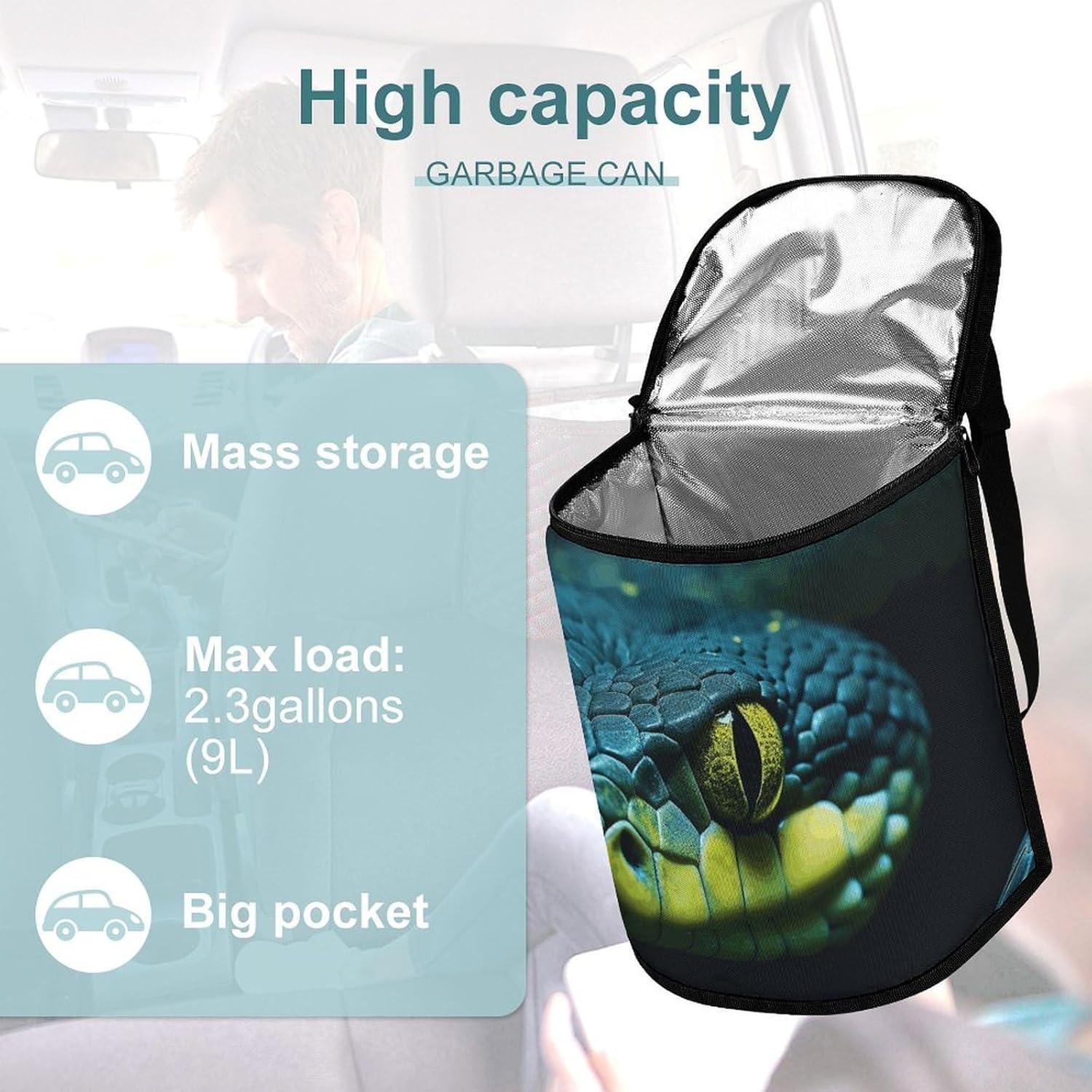 MUSM Leakproof Car Trash Can 2.5 Gallon, Durable Automotive Garbage Bag with Waterproof Liner, Green and Black Trash Bag for Car, Truck, RV & Bathroom