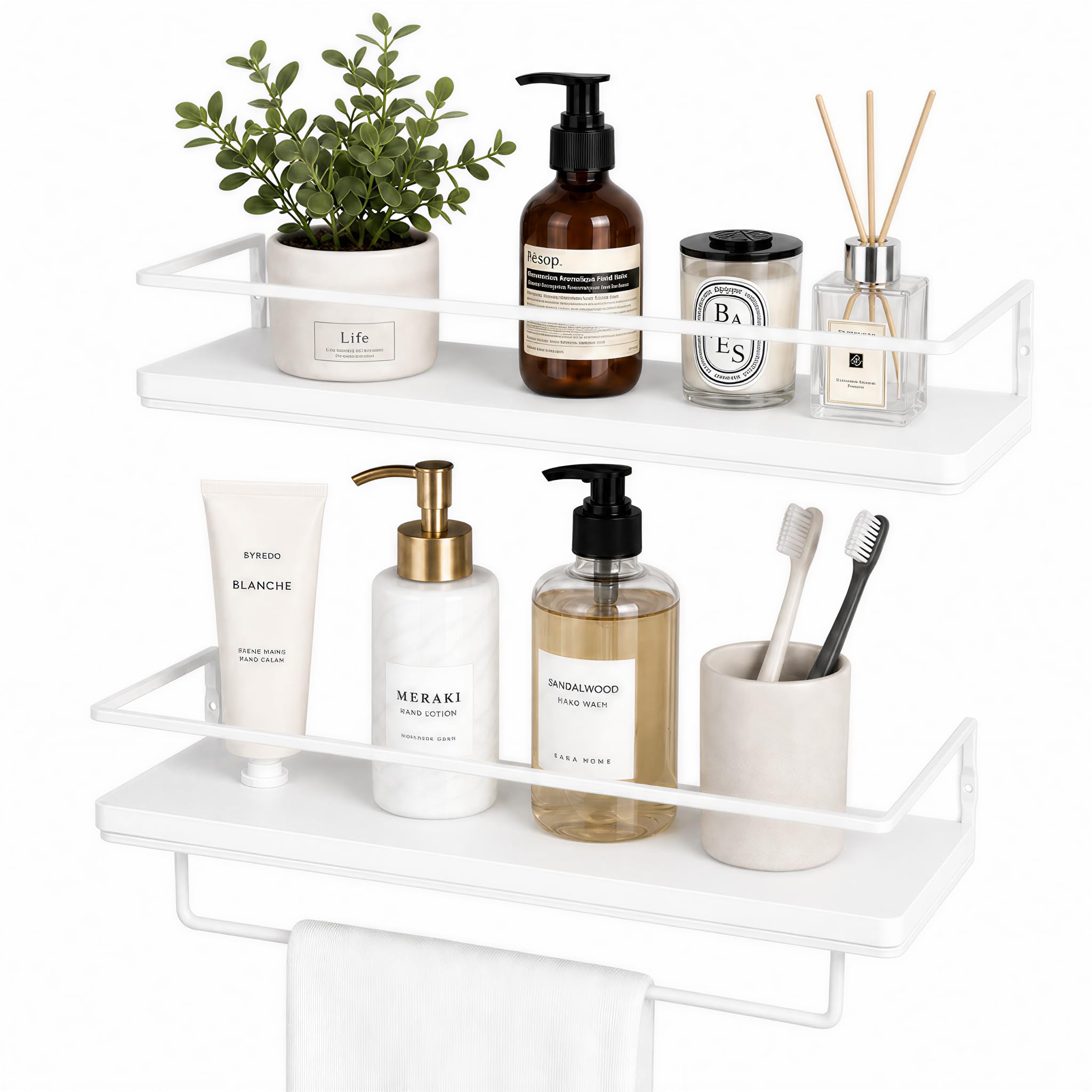 Floating Bathroom Wood Shelves Set of 2 Wall Mounted Shelf with Black Metal Frame and Towel Rack for Bathroom Over Toilet Storage and Organizers for Bedroom Living Room Kitchen Office(White)