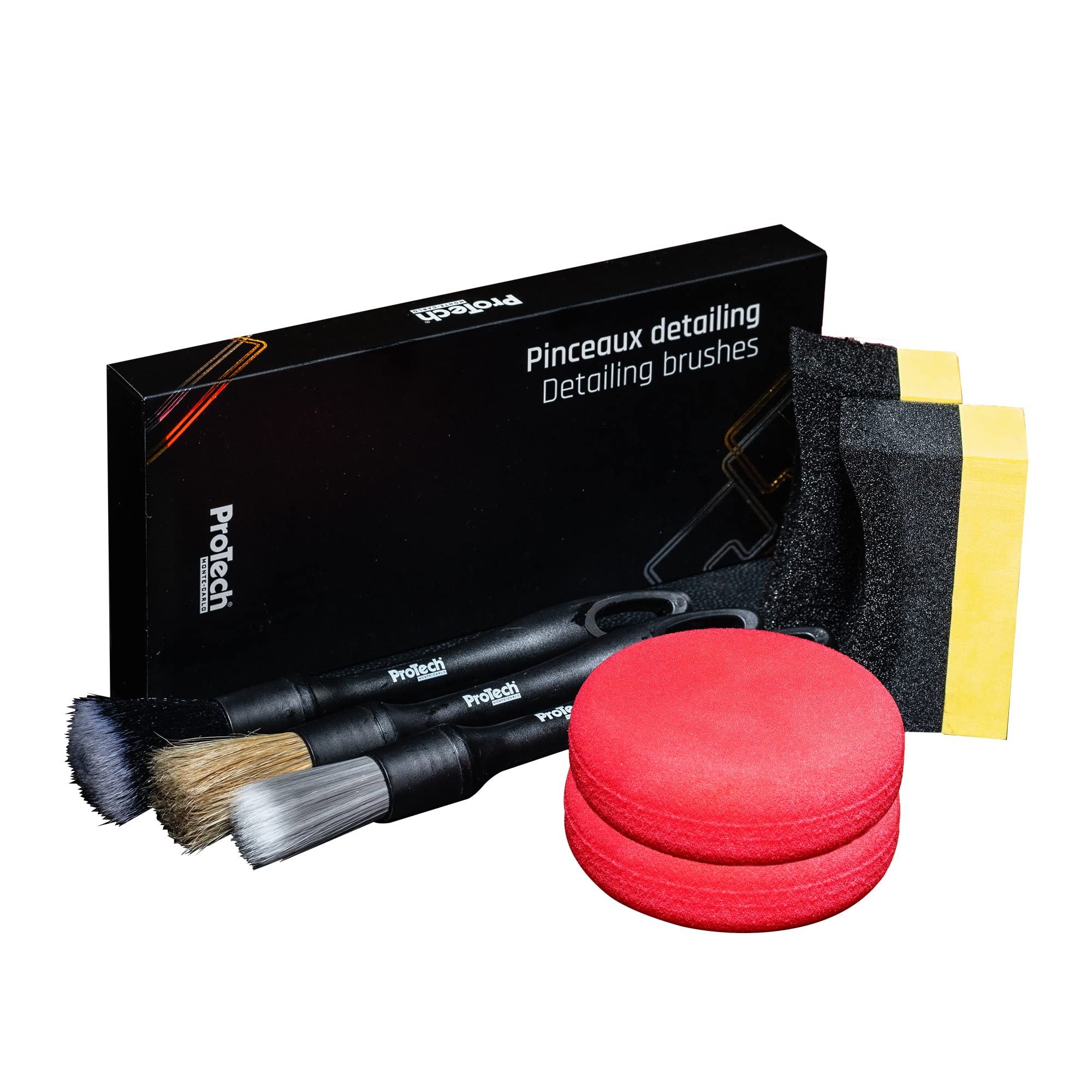 ProTech Monte-Carlo - Kit Accessoires Detailling - Boite de 3 Pinceaux - 2 Applicateurs Pneus - 2 Mousses Rondes - Nettoie Tous Les Détails de Votre Voiture avec Précision - Offre Un Nettoyage Complet