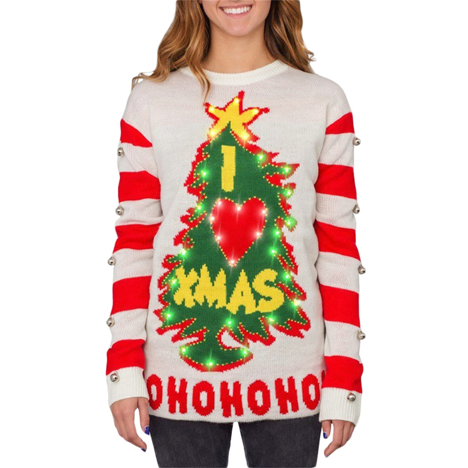 Women Christmas Sweater Christmas Tree Print Long Sleeve Loose Knit Pullover Tops Party Streetwear