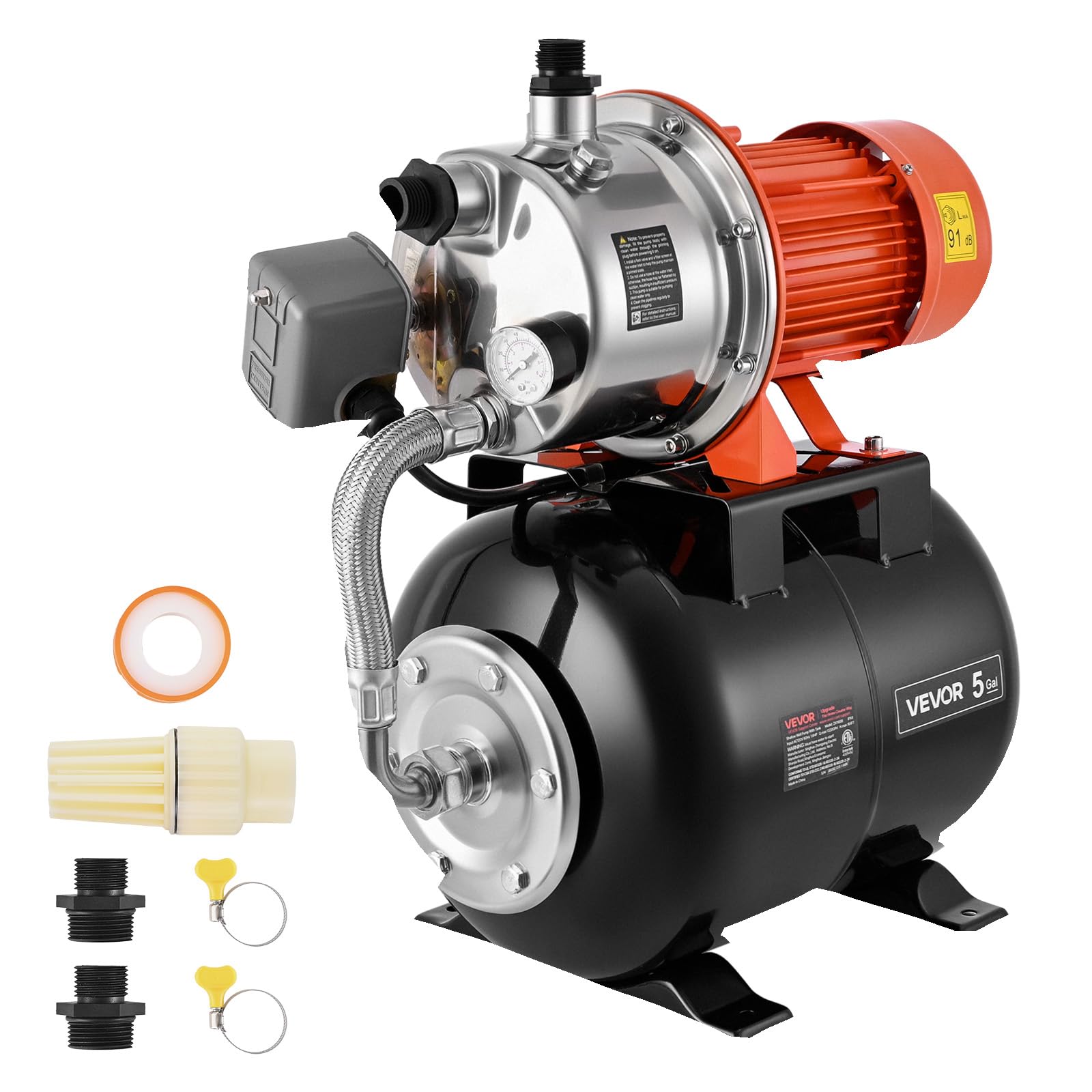 VEVOR Groupe de Surpression 1176 W 19 L Pompe avec Réservoir de Pression | Pour Puits Peu Profonds Jardin et Pelouse, 5000 L/h, Tête de Pompe Acier Inox, avec Surpresseur Auto, Pressostat 1,4-2,8 bar