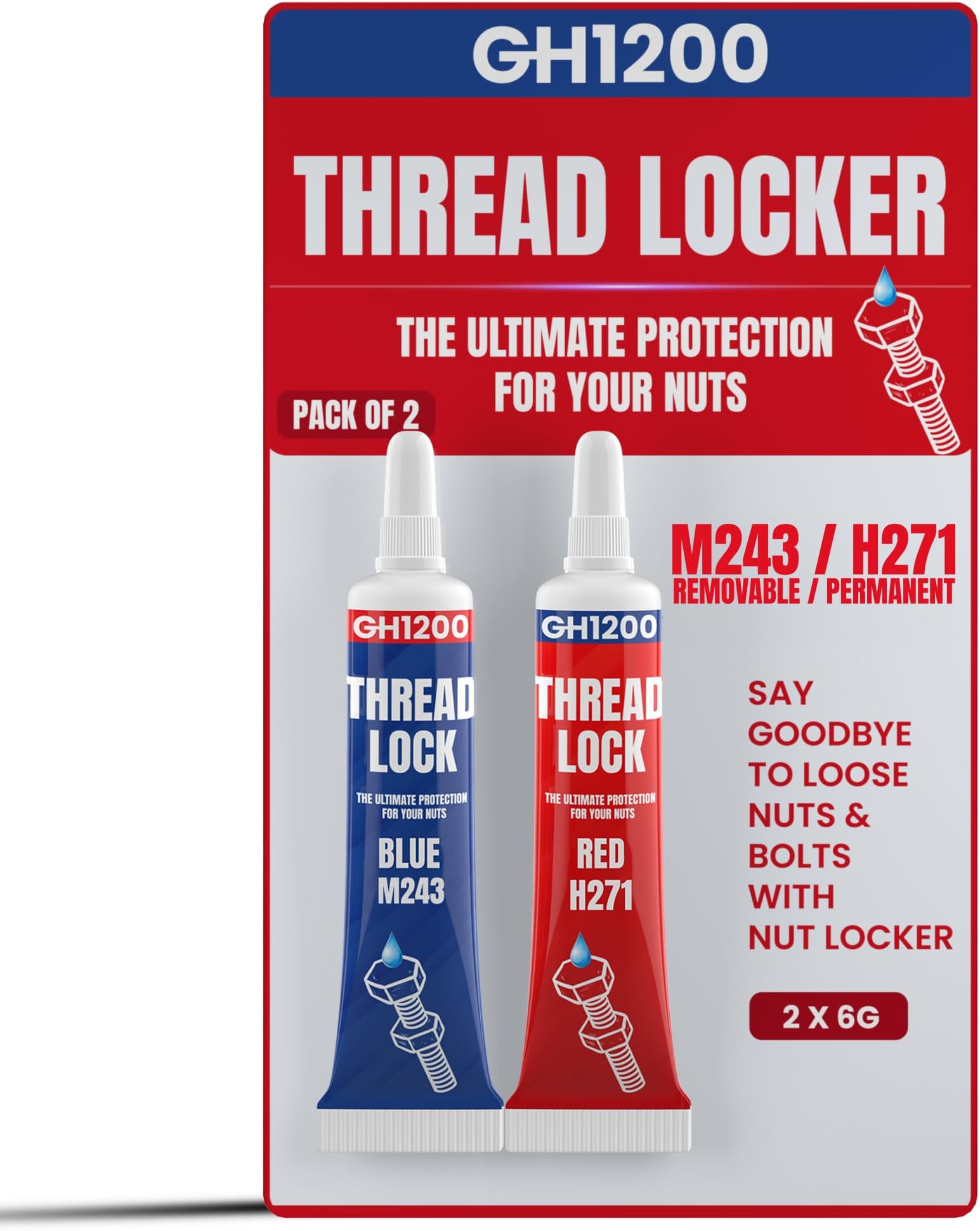 GH1200-6gx2 Pack Thread Lock Medium and Strong Strength for Nuts, Bolts, and Metals, Threadlocker Lock Tight & Seal Fasteners with Stable and Consistent Performance