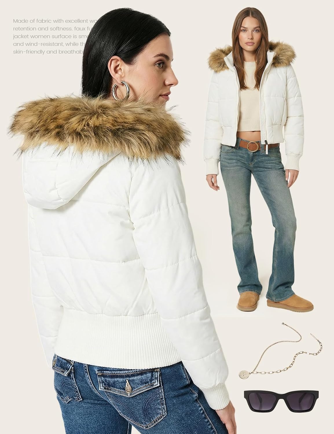 Gihuo Womens Cropped Puffer Jacket Winter Warm Quilted Jacket Short Faux Fur Trim Hooded Puffer Coat - Image 5